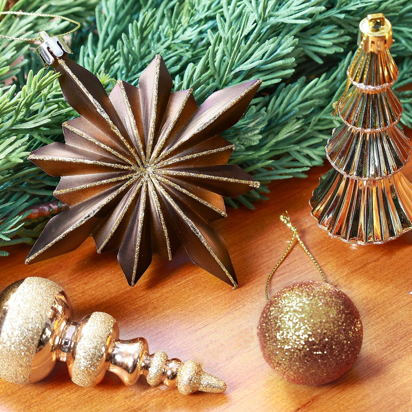 SHareconn 80pcs Christmas Balls Ornaments Set, Contemporary Luxury Gift Set, Shatterproof Plastic Bronze Decor for Xmas Tree Holiday Wedding Party Decorations with Hanging Strings, Brown Copper Gold
