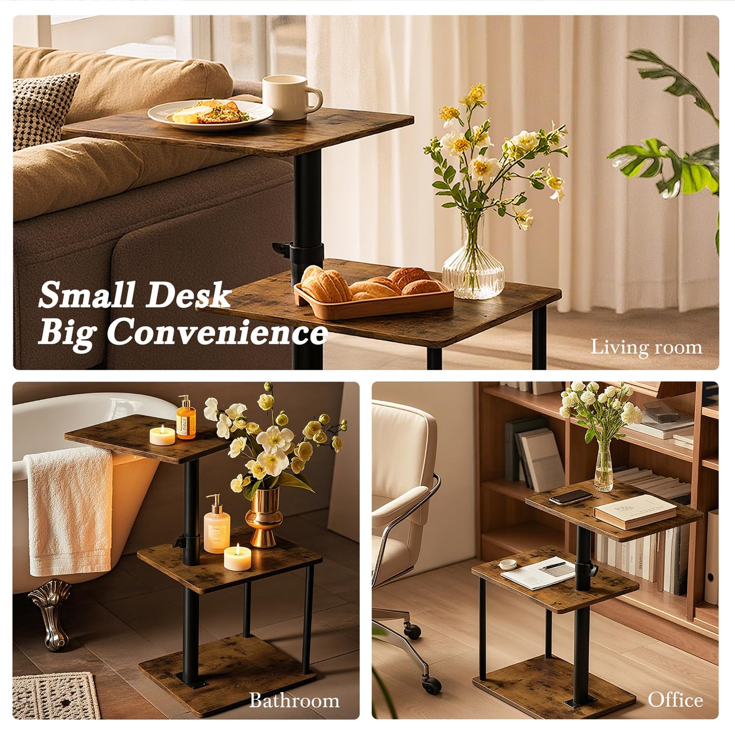 Faesun 360° Swivel Side Table for Height Adjustable, C Shaped End Table for Couch with Storage, 3-Tier Night Stand with Open Shelf, Tv Tray for Small Spaces, Living Room, Bedroom, Rustic Brown