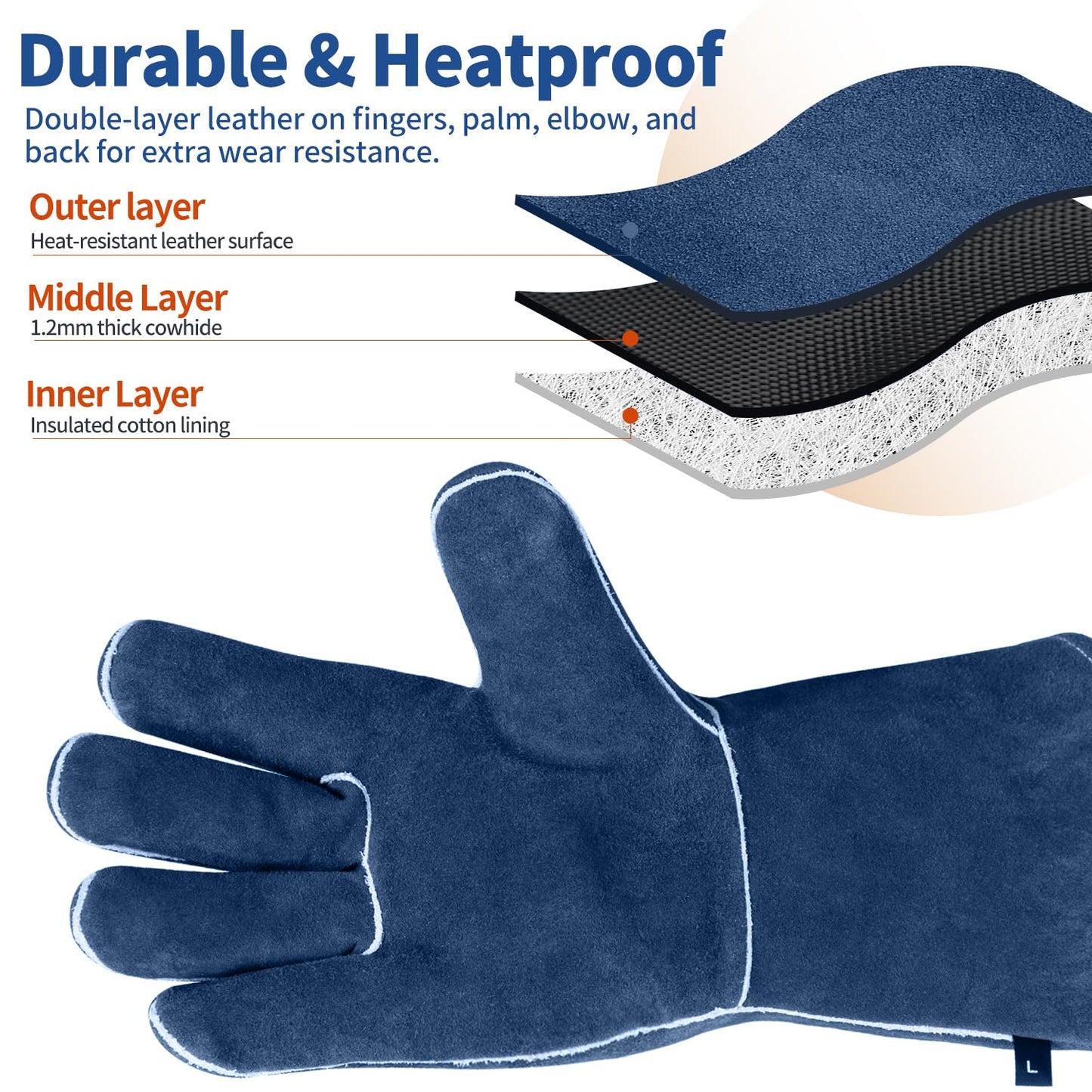 vclpower Welding Gloves Fire Heat Resistant Fireproof Leather for Welding Fire Pit Wood Stove Campfire Furnace BBQ Baking,Grill Oven Stick Mig Tig Gear L