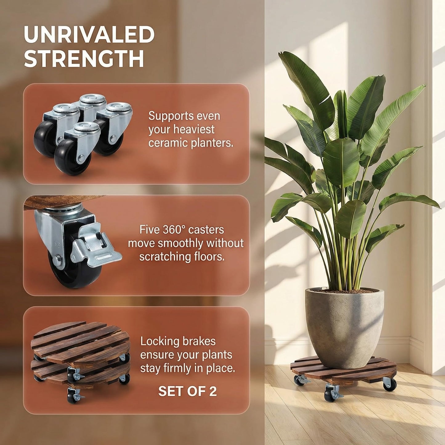 ZXZYHFTY Round Original Wooden Plant Stand with Wheels, 2 Packs Rolling Plant Stand with 360°Lockable Wheels for Vertical Garden Towers, Vertical Planting Tanks, Plant Pots, Wastebaskets (12")