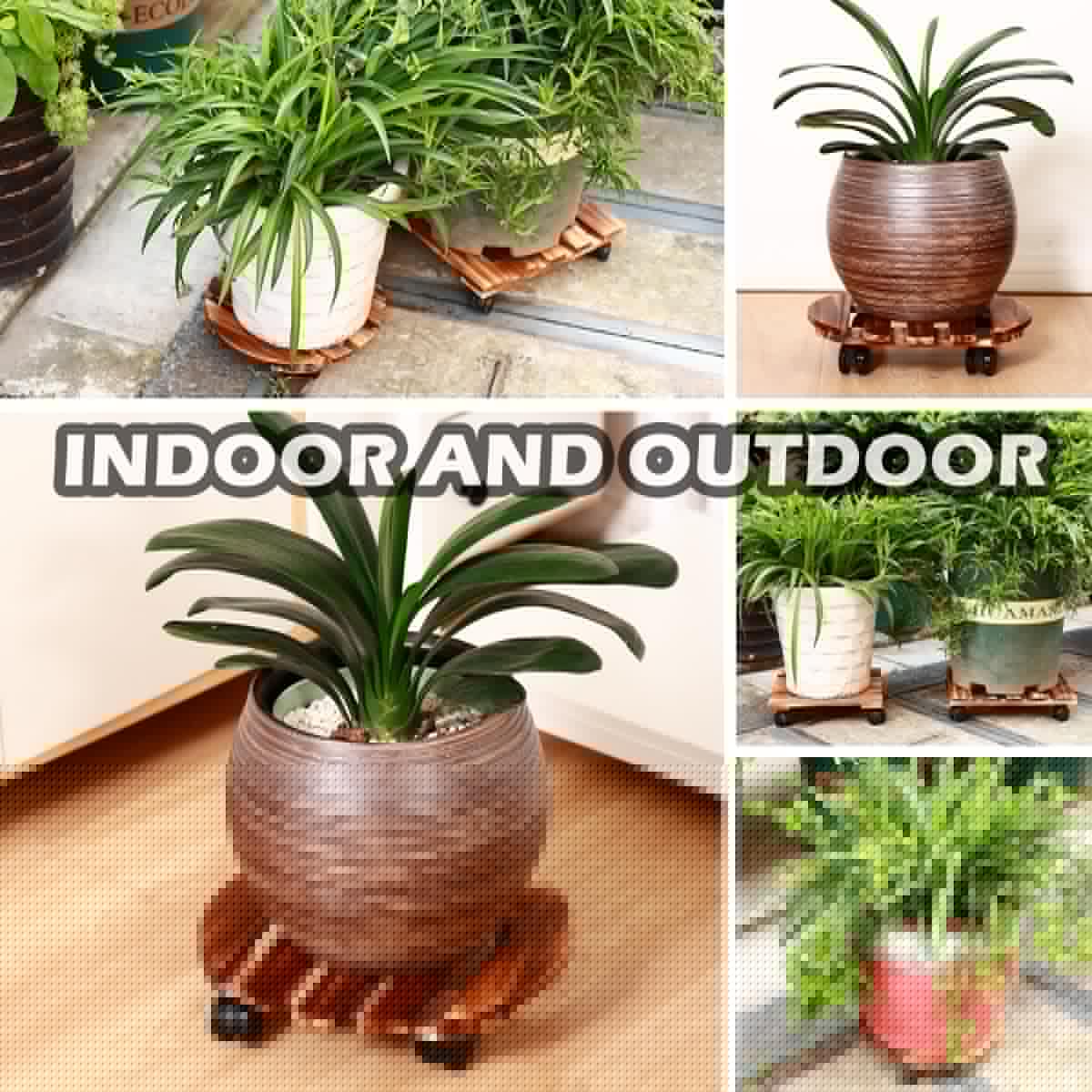 5 Pack Plant Caddy with Wheels Heavy Duty 13.5 Inch Wooden Plant Stand on Wheels Plant Dolly Rolling Plant Stand Plant Roller with Casters for Indoor and Outdoor with 5 Pack Plant Saucers, Round