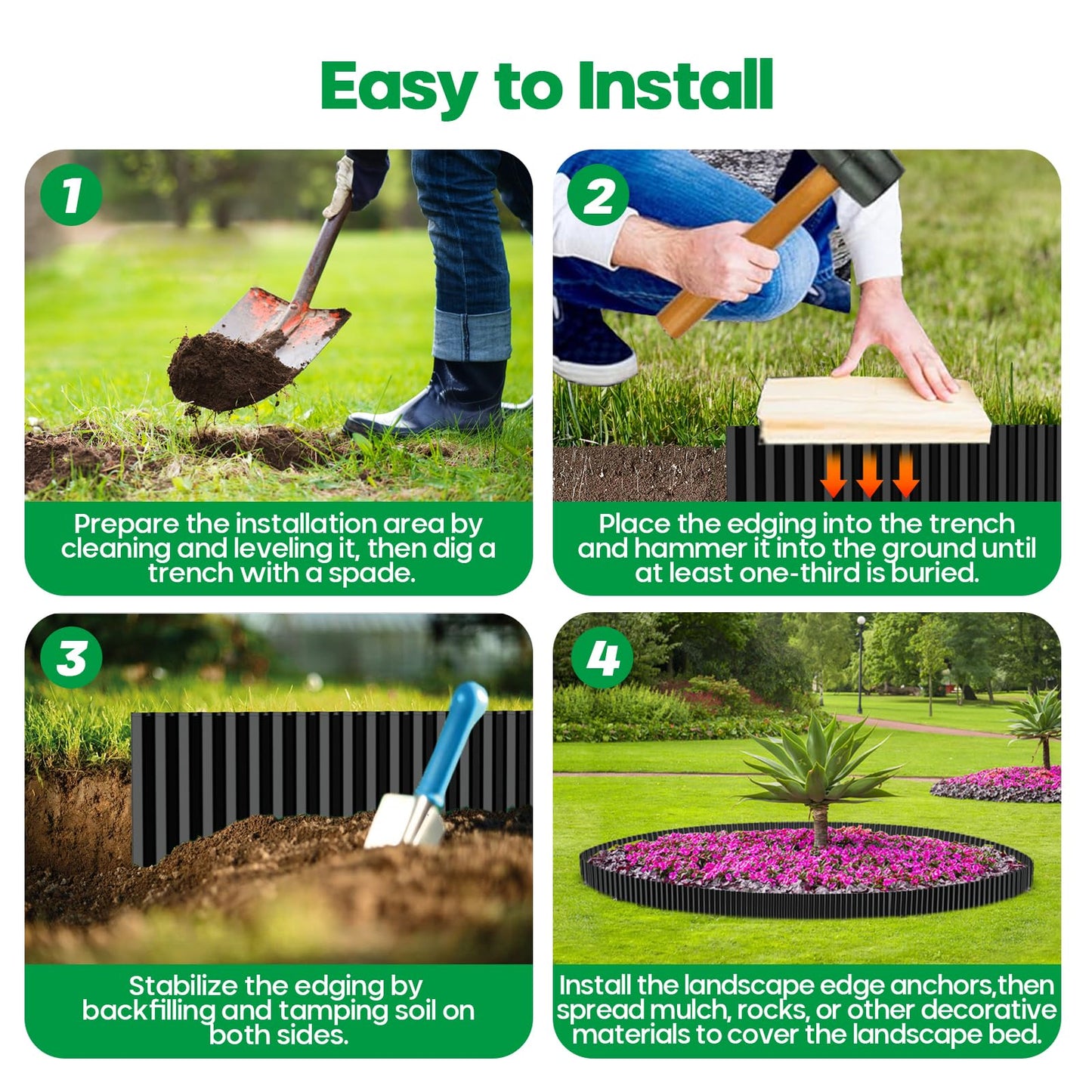 Camitlli Corrugated Metal Garden Edging,Sturdy Tall Landscape Edging Borders with 6pcs Anchor Stakes, Perfect DIY for Flower Beds, Lawn and Pathway,Tree Surrounds,Paver Edges (Black 8"×20FT)