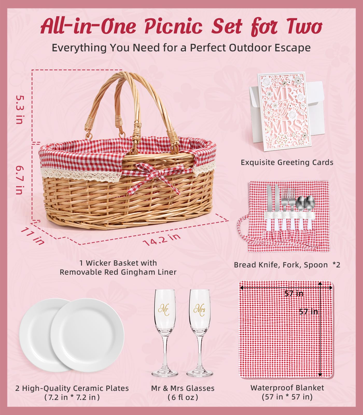 Wedding Gift Picnic Basket for 2 with Waterproof Blanket, Plates, Cutlery Mr and Mrs Glasses, Oval Wicker Hamper with Red Gingham Liner for Engagement, Bridal Shower and Anniversary Dates