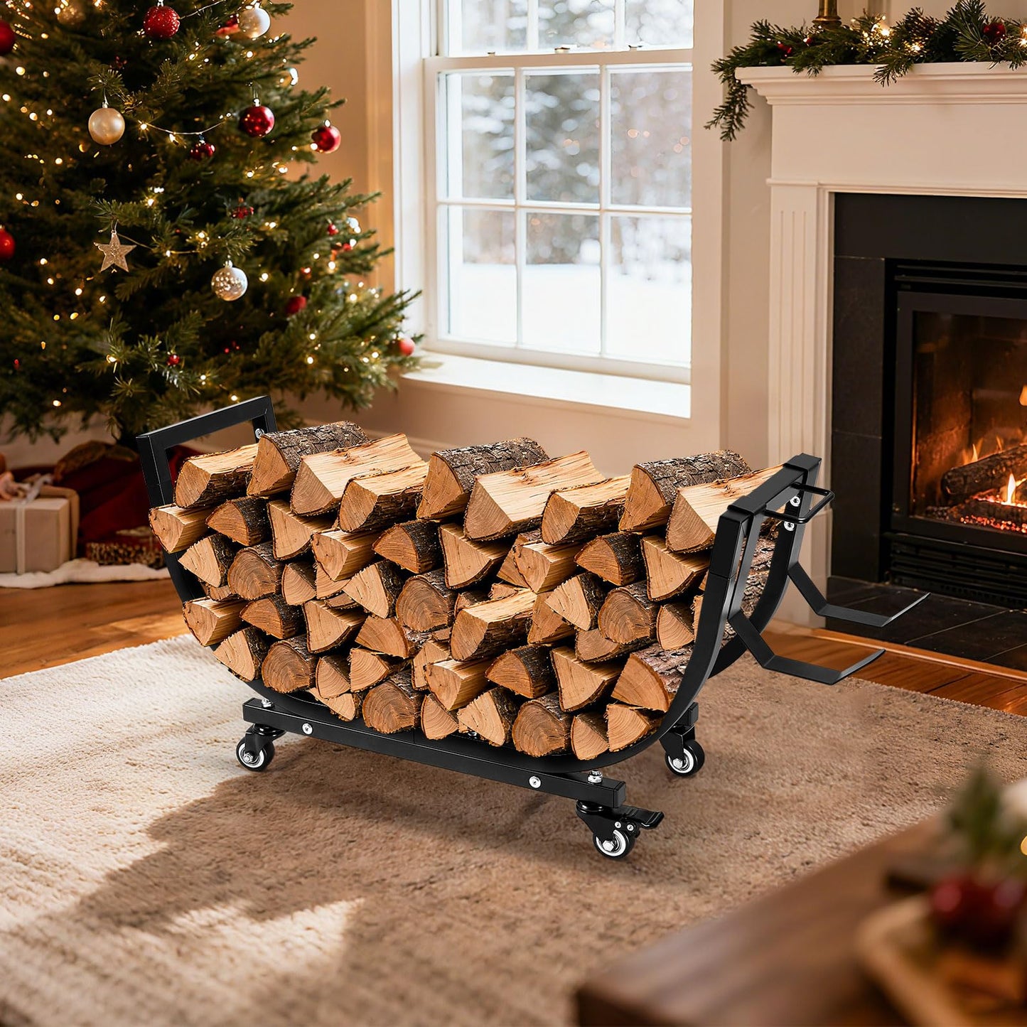 Primachen Firewood Rack Outdoor and Indoor with Wheels & Kindling Wood Hooks, Firewood Storage, Fireplace Wood Storage Rack Movable, Waterproof Stable Log Holder for Fireplace Patio Organizer