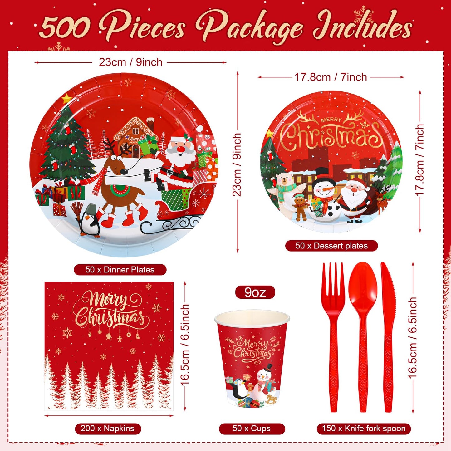 Maxdot 500 Pcs Christmas Party Supplies Merry Christmas Paper Plates Cups Napkins and Cutlery Set Disposable Xmas Party Tableware Set for Holiday Winter New Year Decoration Serves 50 Guests