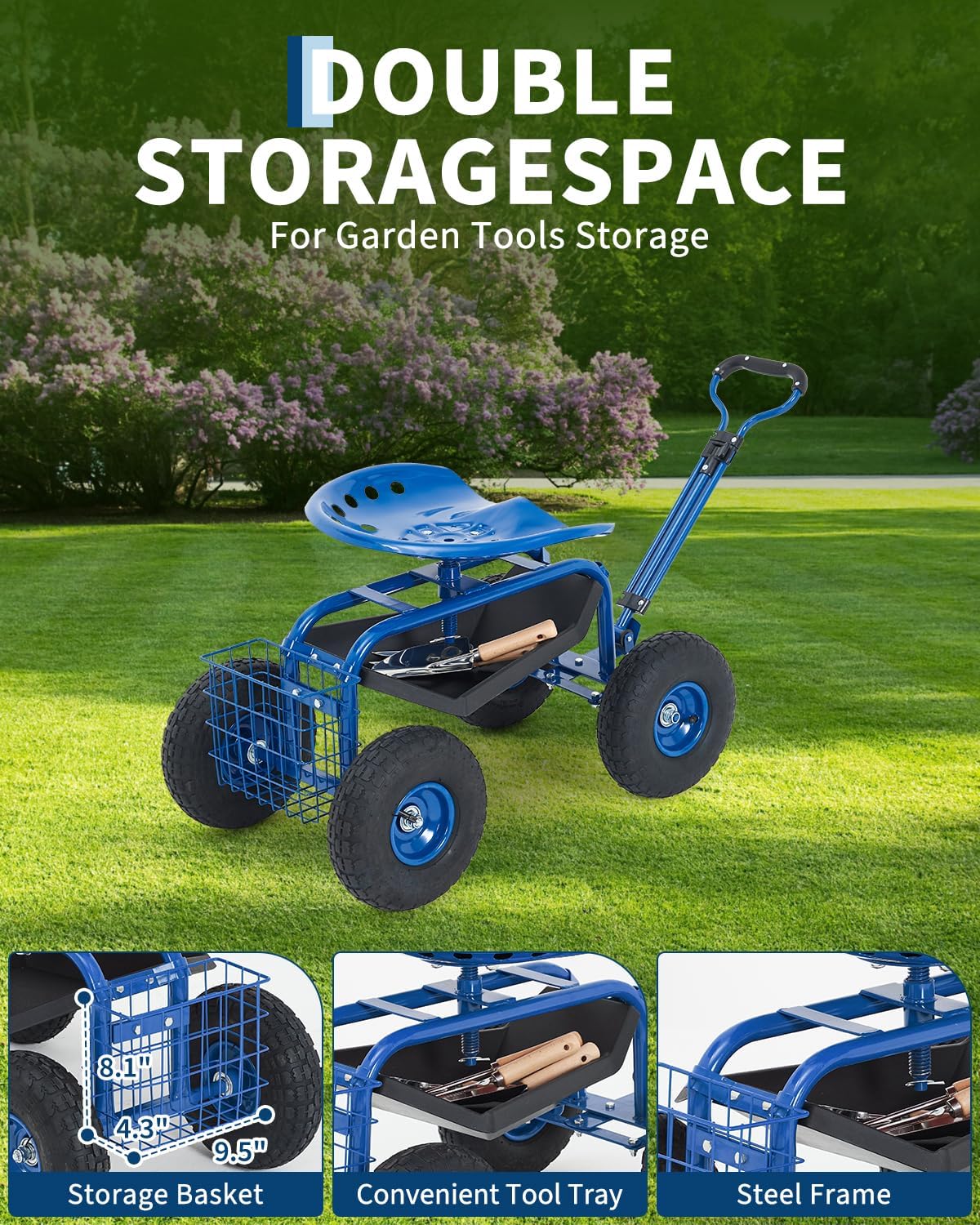 Heavy Duty Garden Cart, Garden Scooter Rolling Work Seat, 360° Swivel with 10-Inch All-Terrain Inflatable Tires, Extendable Steering Handle & Metal Tool Tray for Planting, Weeding, Yard Work