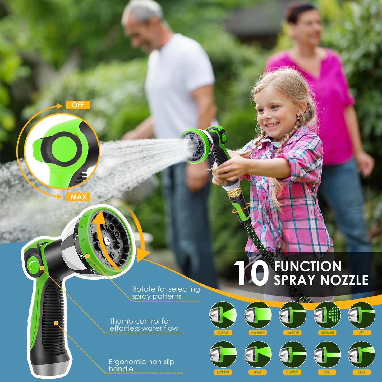 FLOERXIS Non-Expandable Garden Hose 50 FT, Lightweight Hose with 10 Function Spray Nozzle, Kink-Free Flexible Water Hose, Durable, Leak-Proof, 360° Swivel Connectors, Portable Storage Strap
