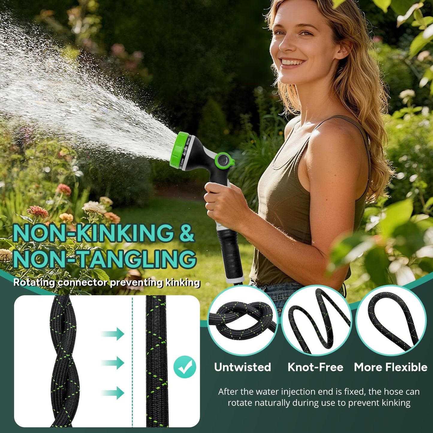 SOLMIO Garden Hose 50FT, Flexible Lightweight Non-Expandable Water Hose with 10 Function Nozzle,No-Kink, Leak-Proof, Burst-Resistant, High-Pressure for Yard, Outdoor