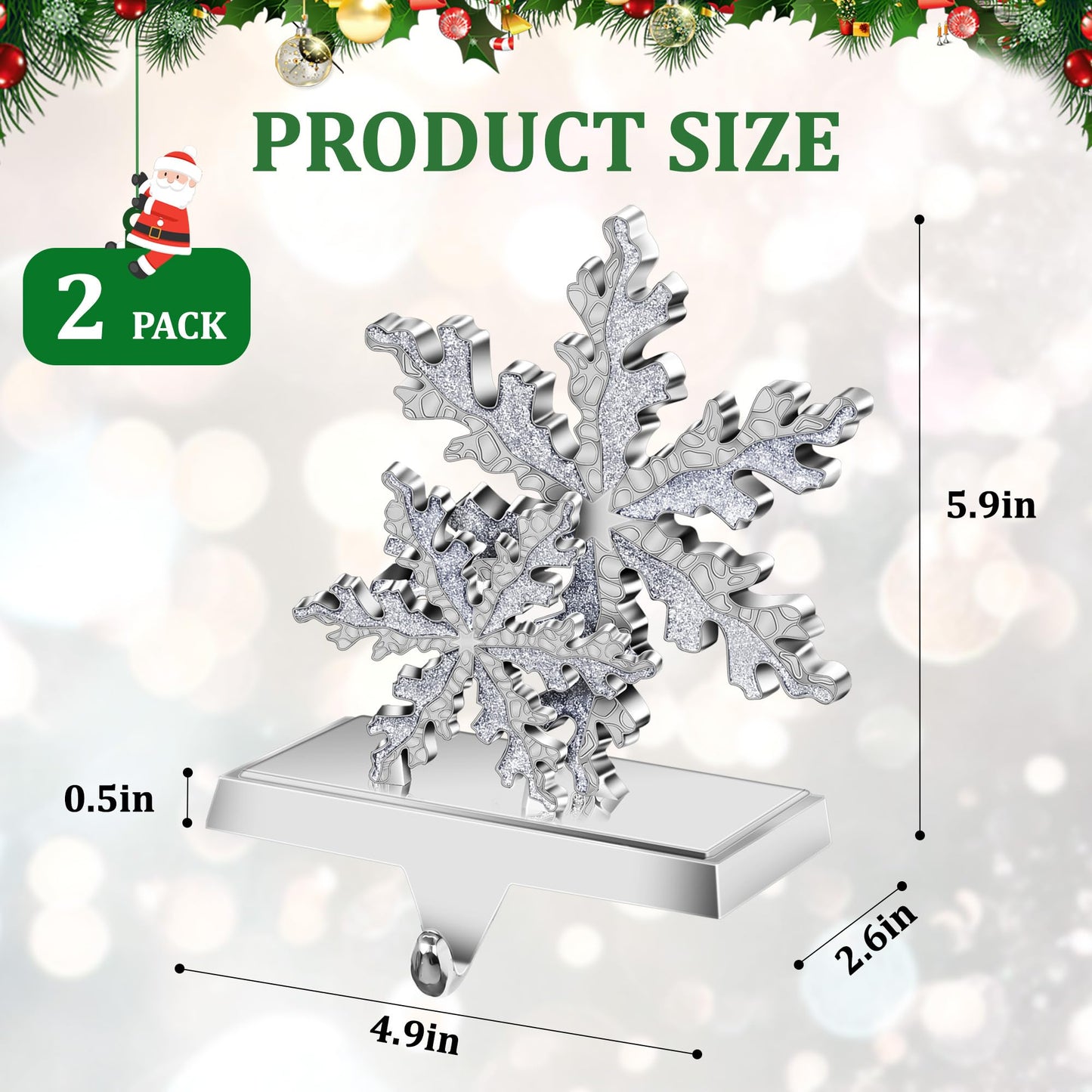 Loncaster Stocking Holders for Mantle Set of 2, Snowflakes Christmas 3D Stocking Hangers for Mantel with Shiny Metal & Glitter, Christmas Stocking Holder for Fireplace, Shelf, Tabletop (Sliver)