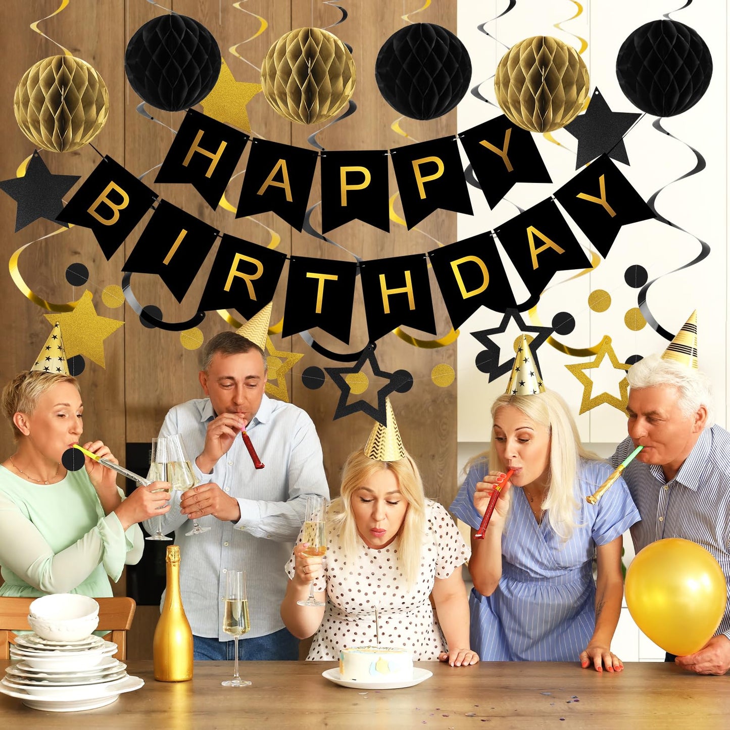 meowtastic Birthday Decorations, Happy Birthday Banner with Honeycomb Balls, Star Hanging Swirl Streamers, Circle Dot Garland, Happy Birthday Party Decorations for Women Men Boys Girls (Black & Gold)