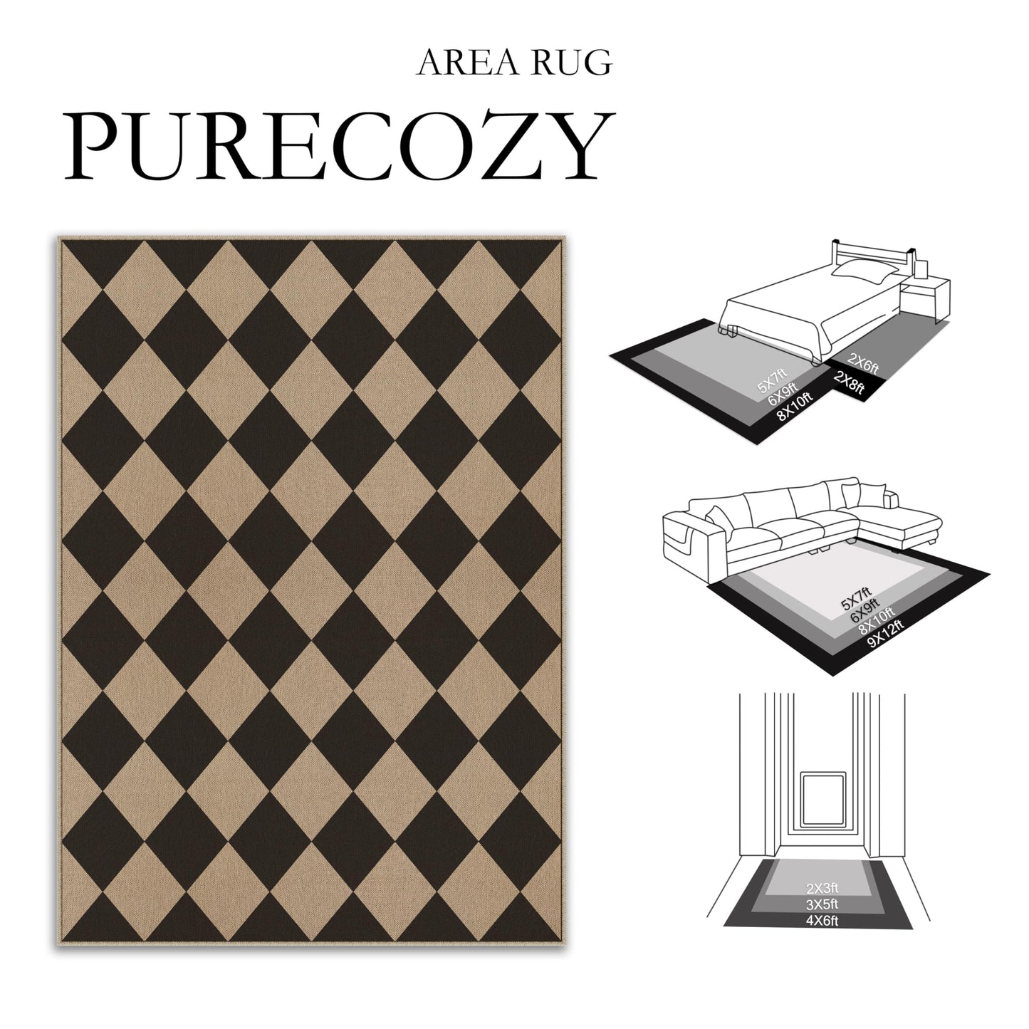 PureCozy 4x6 Checkered Easy Jute Area Rug for Living Room Checkerboard Washable Indoor Outdoor Carpet Farmhouse Patio Office Mat Geometric Non Slip Black Carpet for Dorm Backyard Dining Room