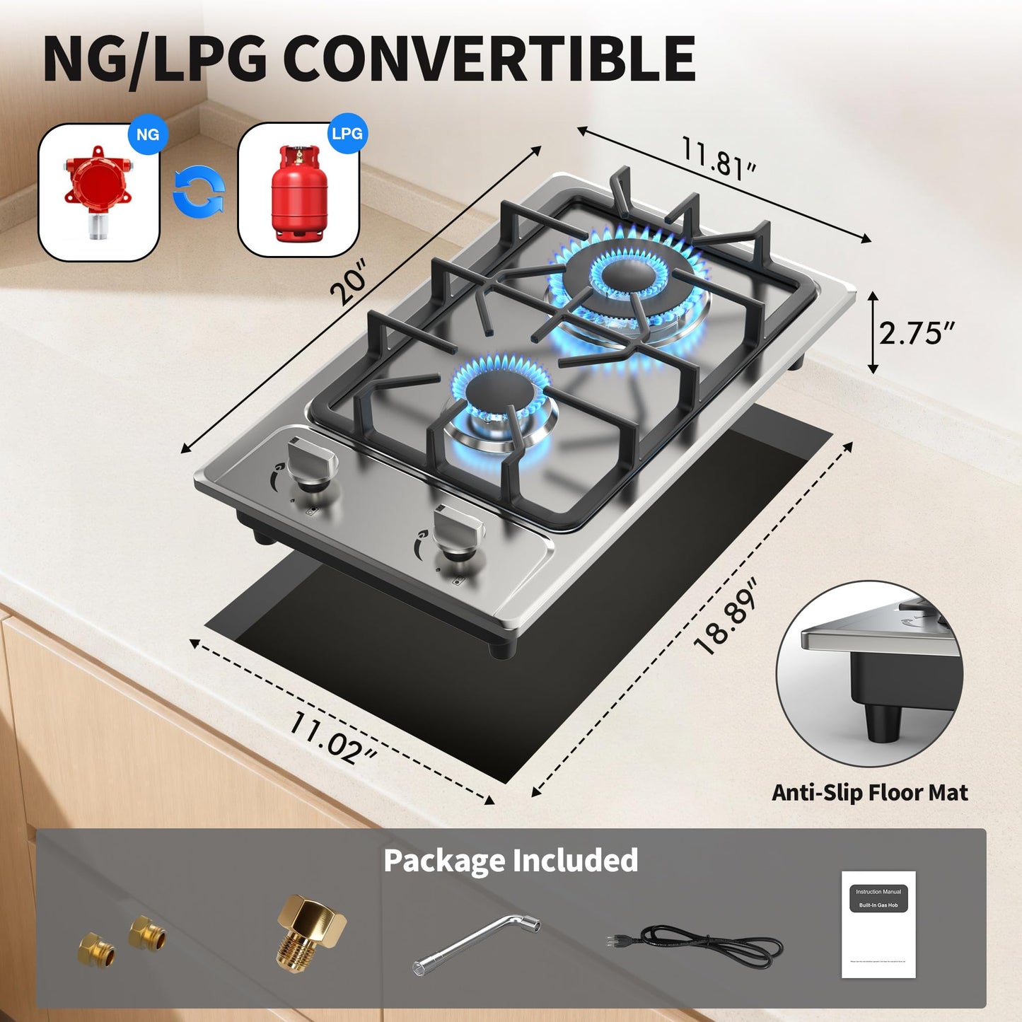 Gas Stove 2 Burner, Propane Cooktop 12 inch, Nafewin Portable Gas Cooktop Stainless Steel Stove Burner with Thermocouple Protection, Lpg/Ng Dual Fuel Built-in Hob for Apartments, Outdoor, Rvs