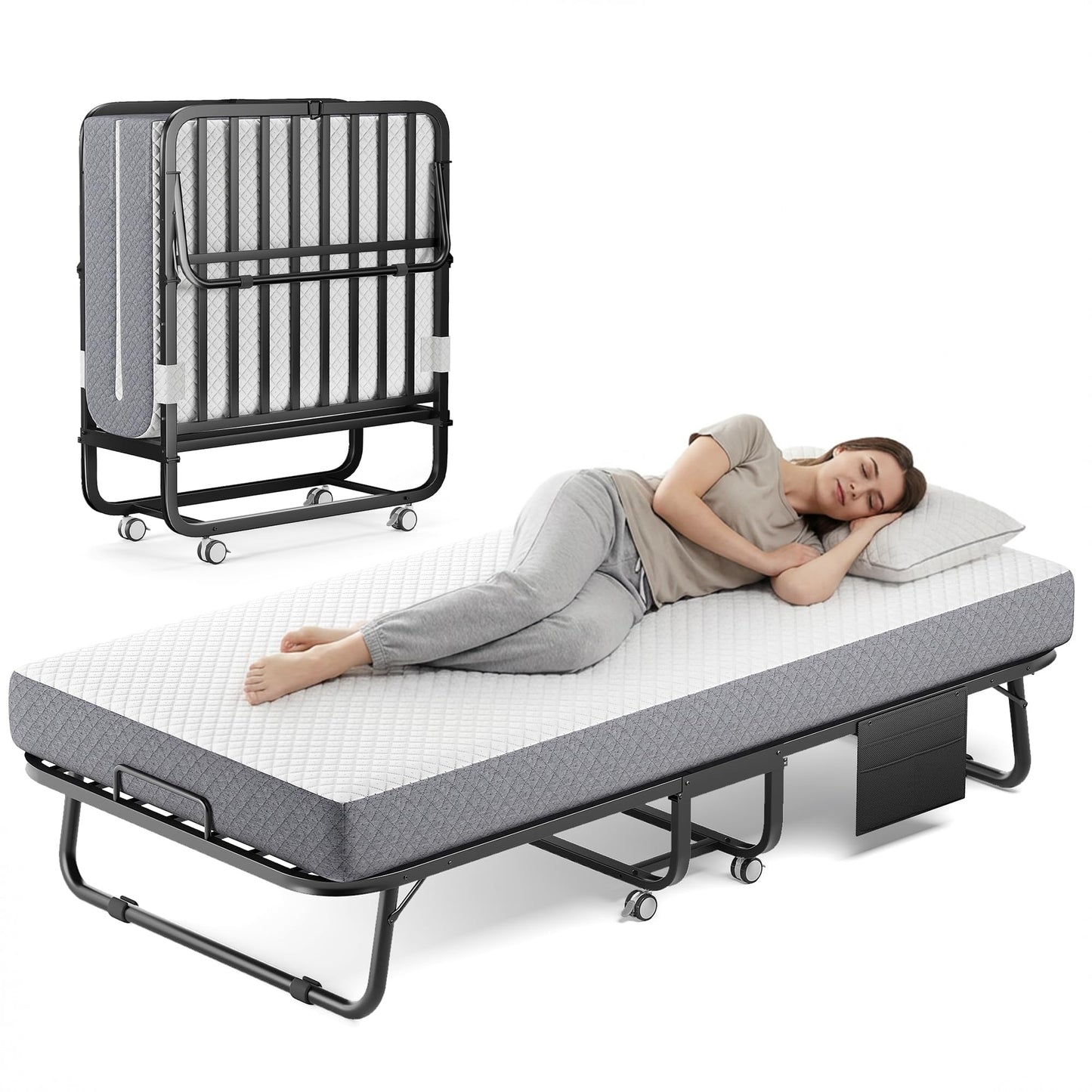 Folding Bed with Memory Foam Mattress, 75" x 31" Cot Size Portable Foldable Bed with Movable Wheels, Space-Saving Sturdy Metal Frame, Twin Rollaway Bed for Adults for Guest Room, Apartment, Camping