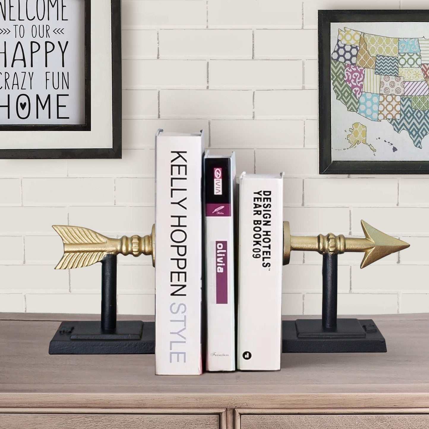 Large Gold Arrow Metal Bookends | Heavy, Decorative, Farmhouse, & Unique for The Bookshelf by Wallcharmers