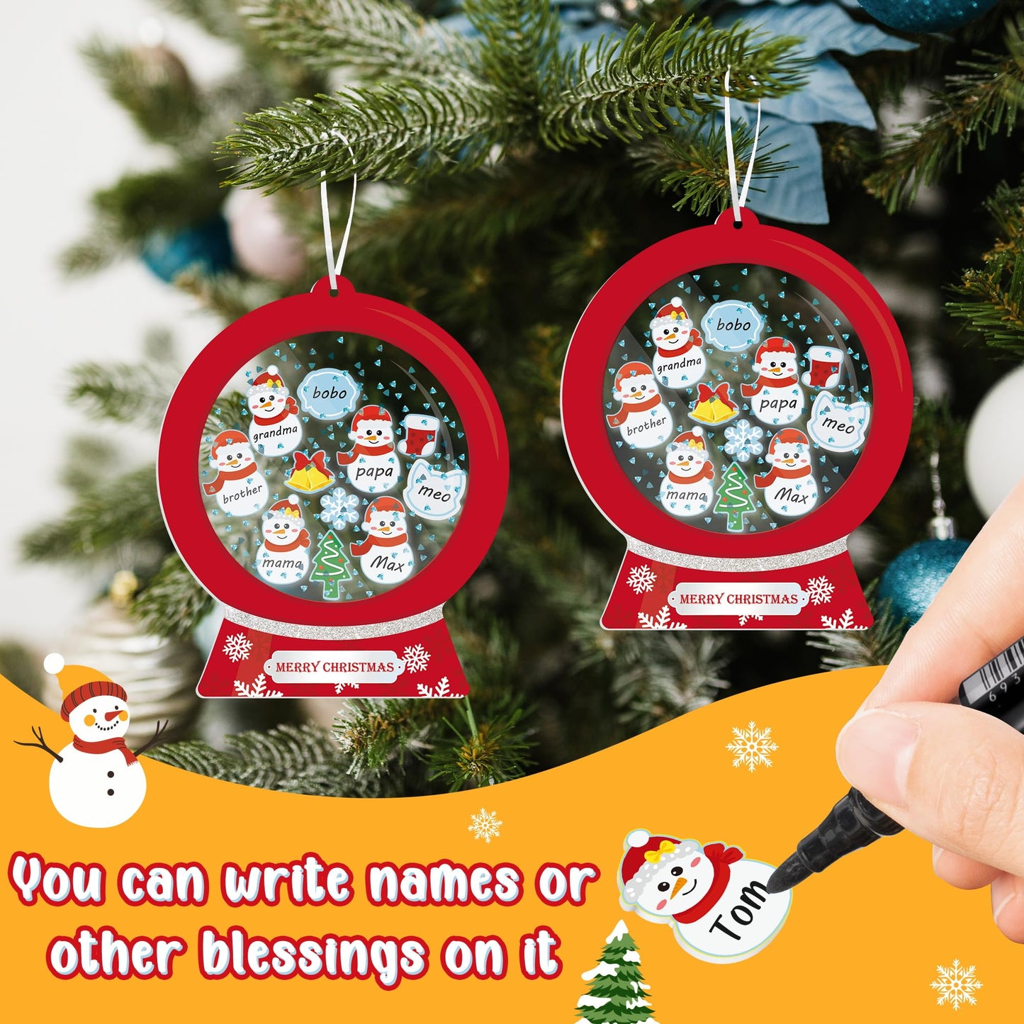 B1ykin Christmas Shaking Globe Craft Kit - 12Pcs DIY Family Members Names Snow Globe Hanging Ornaments with Glitter Diamond Marker Pen, Christmas Tree Party Decor for Home School Activity (Snowman)