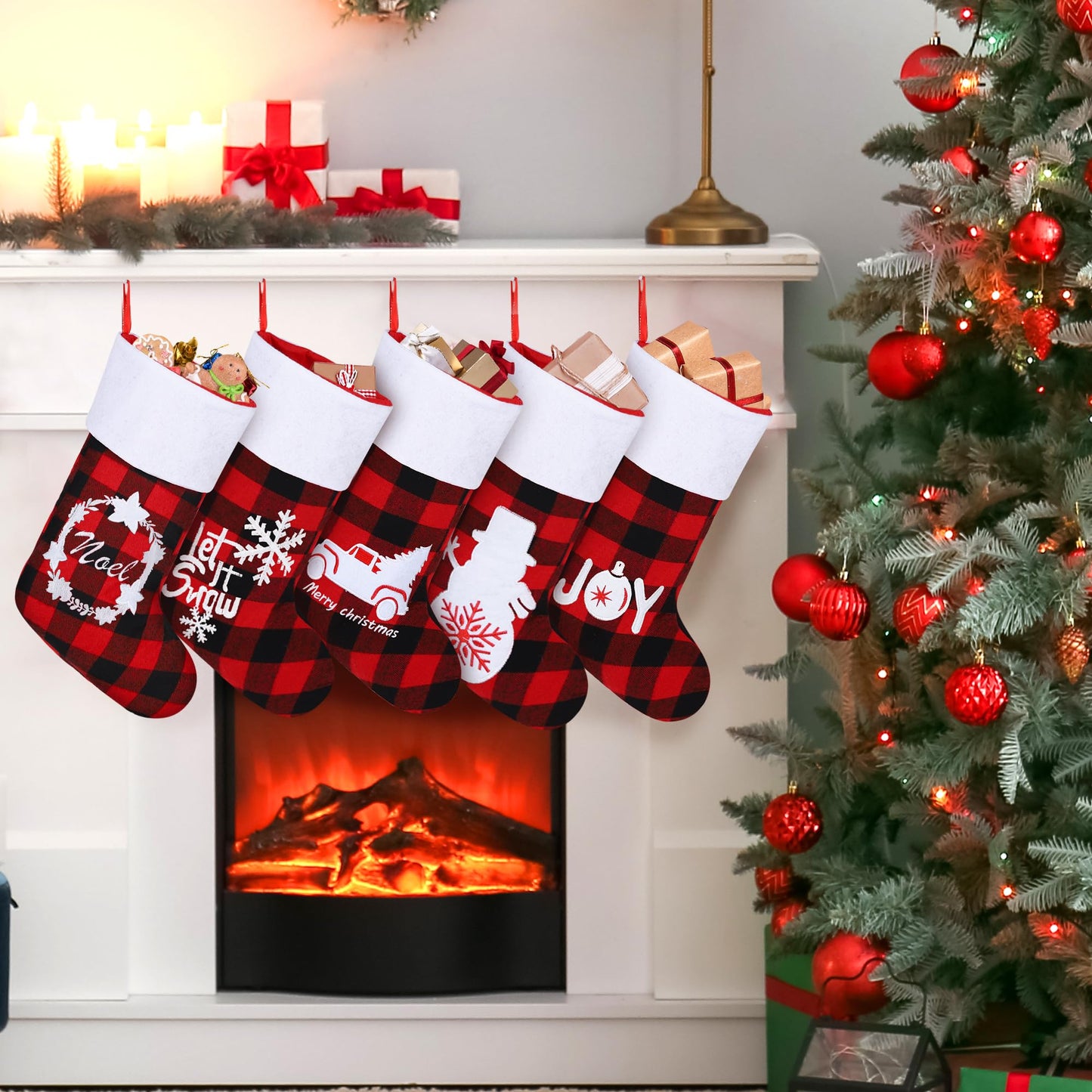 Aodaer 16 Pack Felt Christmas Stockings 18 Inches Red Black Buffalo Plaid Xmas Fireplace Hanging Stockings with Santa Snowman Reindeer Pattern Holiday Hanging Decorations for Christmas Party Favors