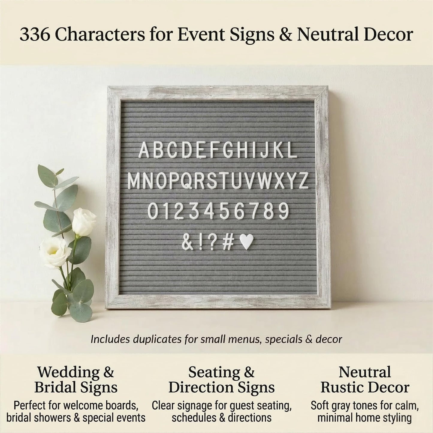 C CRYSTAL LEMON Rustic Gray Felt Letter Board 10x10 Inch, 336 Letters Numbers and Symbols, Changeable Wooden Message Board with Wall Mount and Display Stand