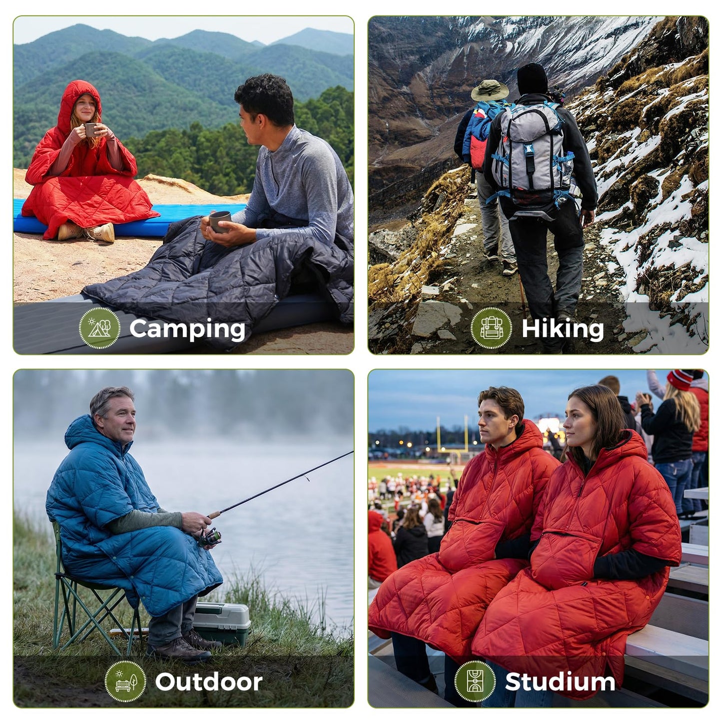 ATEPA Wearable Sleeping Bag, Recycled Insulated Water-Resistant Camping Blanket Poncho, Ultralight Packable Hooded Stadium Blanket for Outdoor Sports Fishing Backpacking Hiking Cold Weather, Green