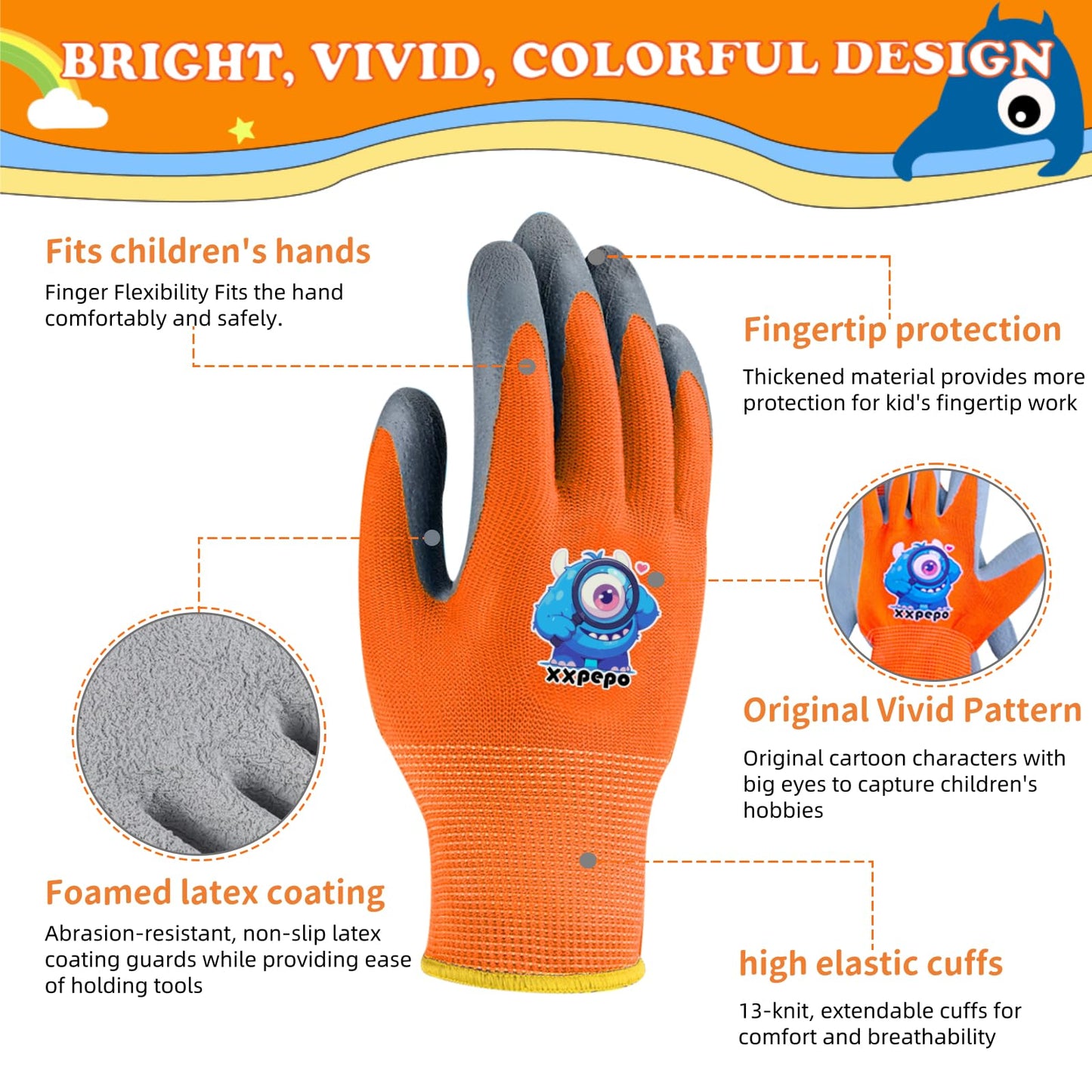 xxpepo 3 Pairs Kids Gardening Gloves. Children & Toddler Outdoor Work Gloves. Flex Rubber Coated Protect Little Hands.Gift Box for Age 6 to 8，Medium