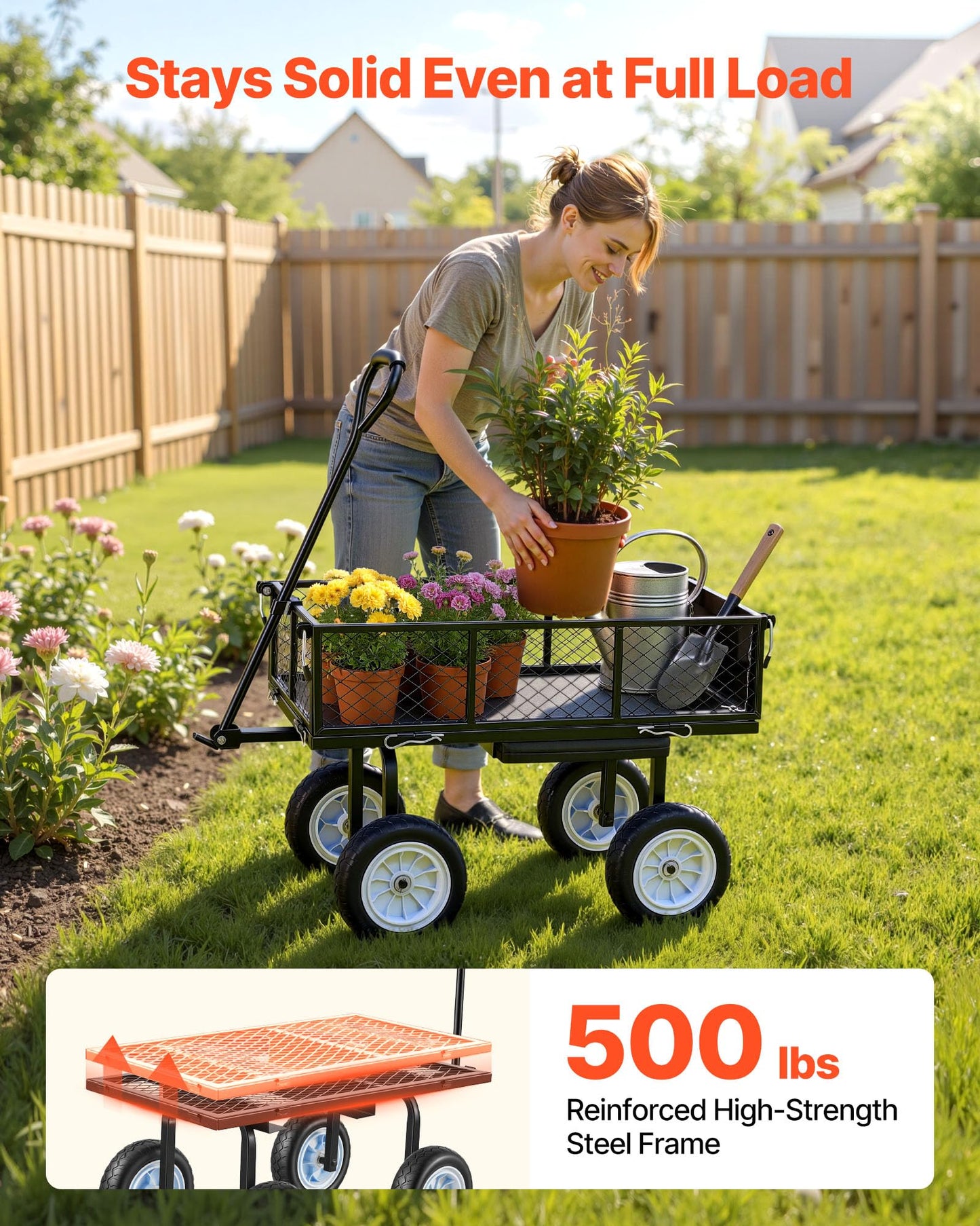 VEVOR 500 LBS Steel Garden Cart with Work Seat, Heavy Duty Garden Wagon Cart on Wheels, Outdoor Metal Utility Yard Wagon Gardening Stool with 10inch Flat Free Tires, Tool Tray & Adjustable Handle