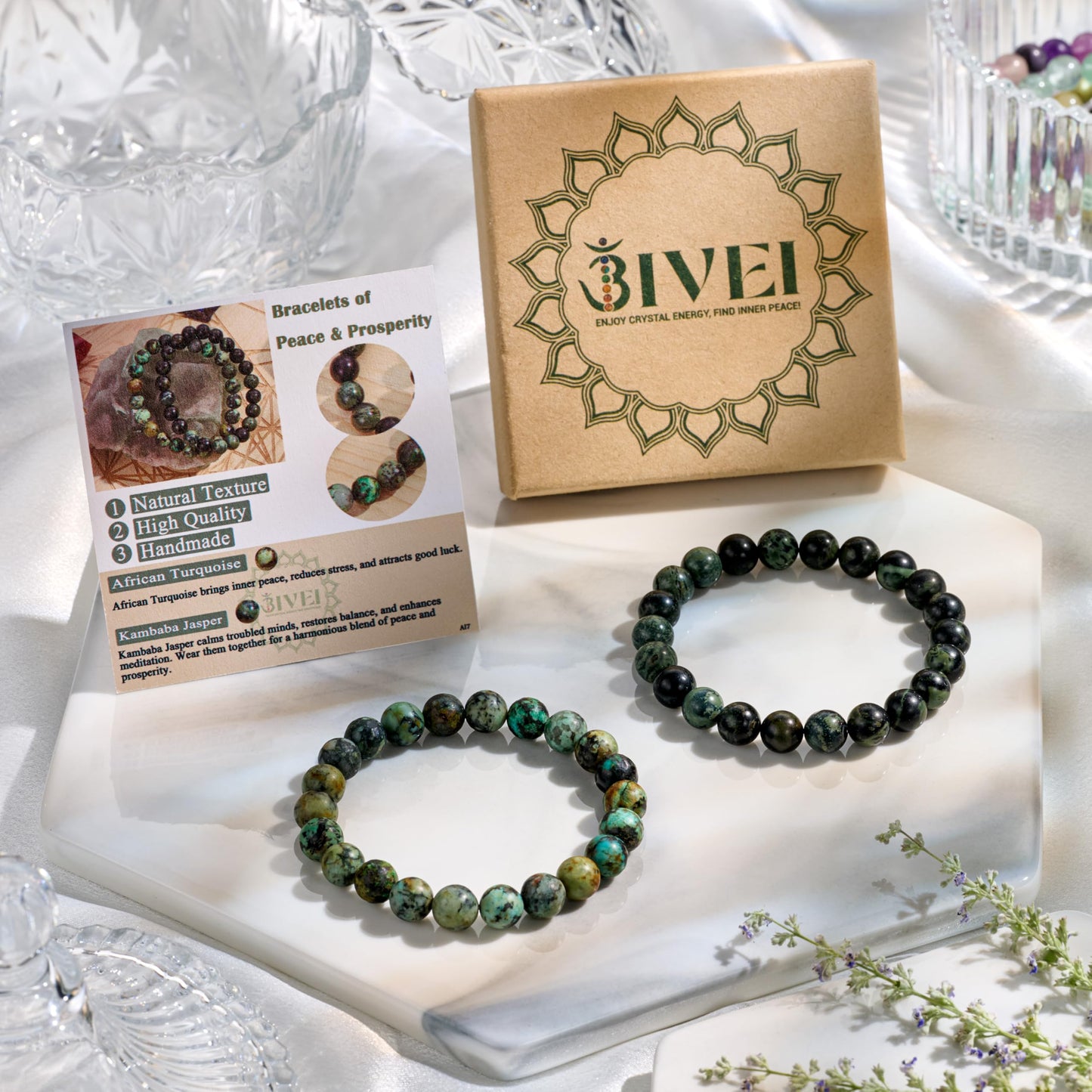 Bivei Natural Gemstone Semi Precious Crystals Handmade Stretchy Round Beads Bracelet, Enhance Positive Energy,Stocking Stuffers for Women(African Turquoise & Kambaba Jasper(Peace & Prosperity)Medium)