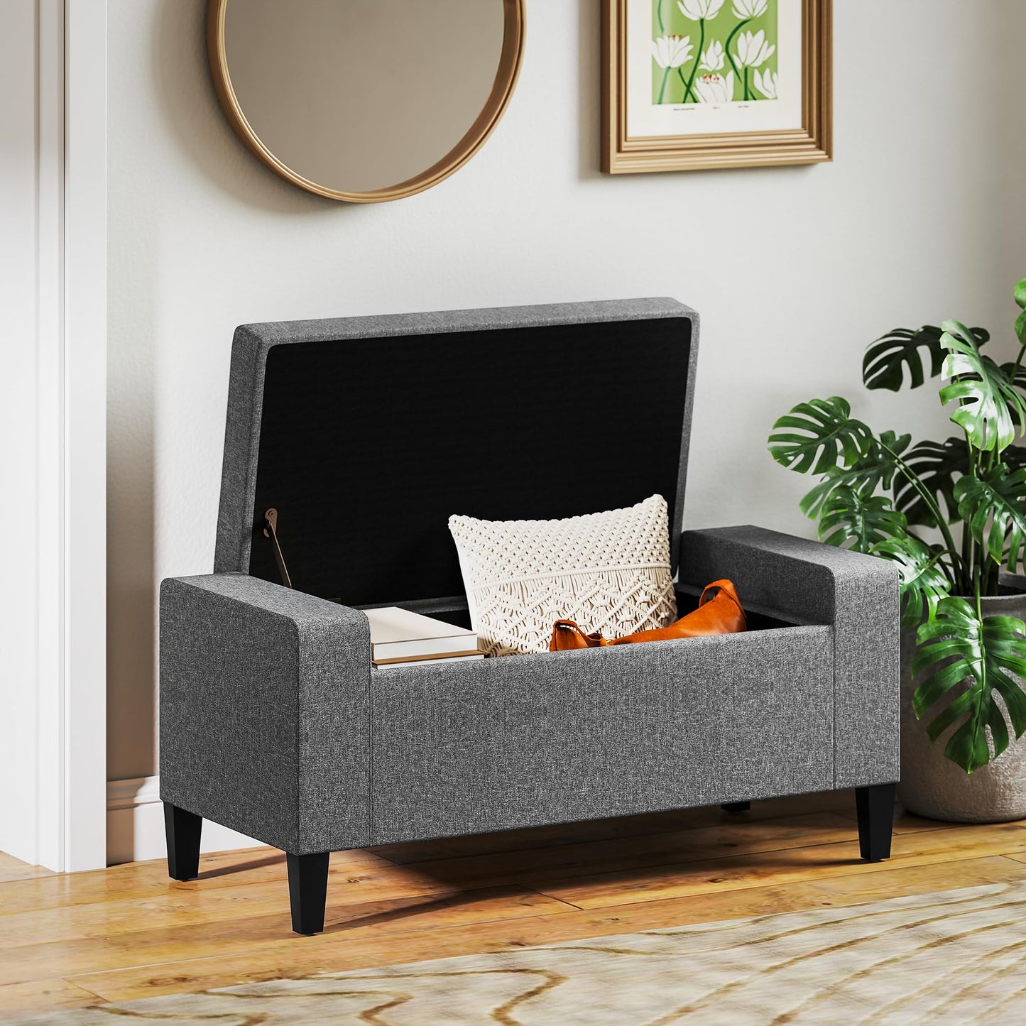 HOMCOM Storage Ottoman, Linen Upholstered Storage Bench with Lift Top and Button Tufted for Living Room, Gray