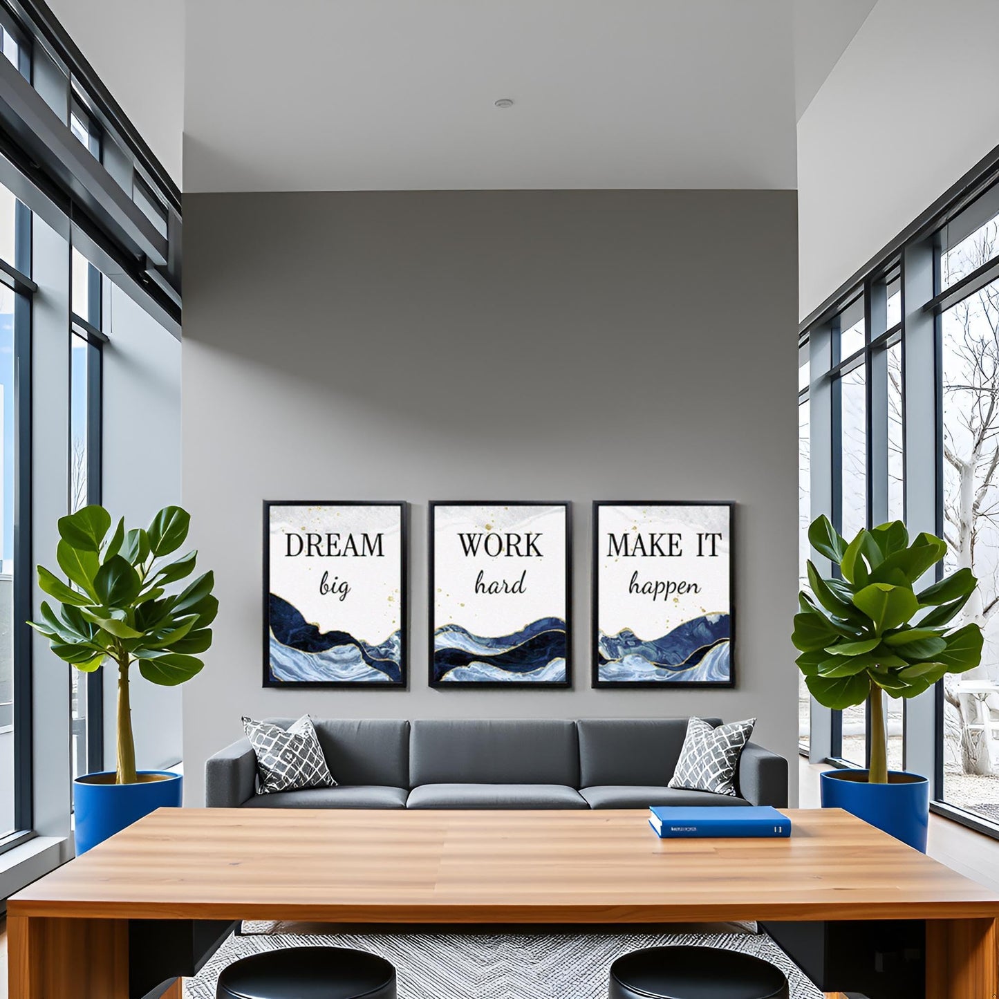 LevvArts Motivational Office Decor Dream Big Work Hard Make It Happen Inspirational Quotes Wall Art Prints Blue and Gold Artwork (Blue)