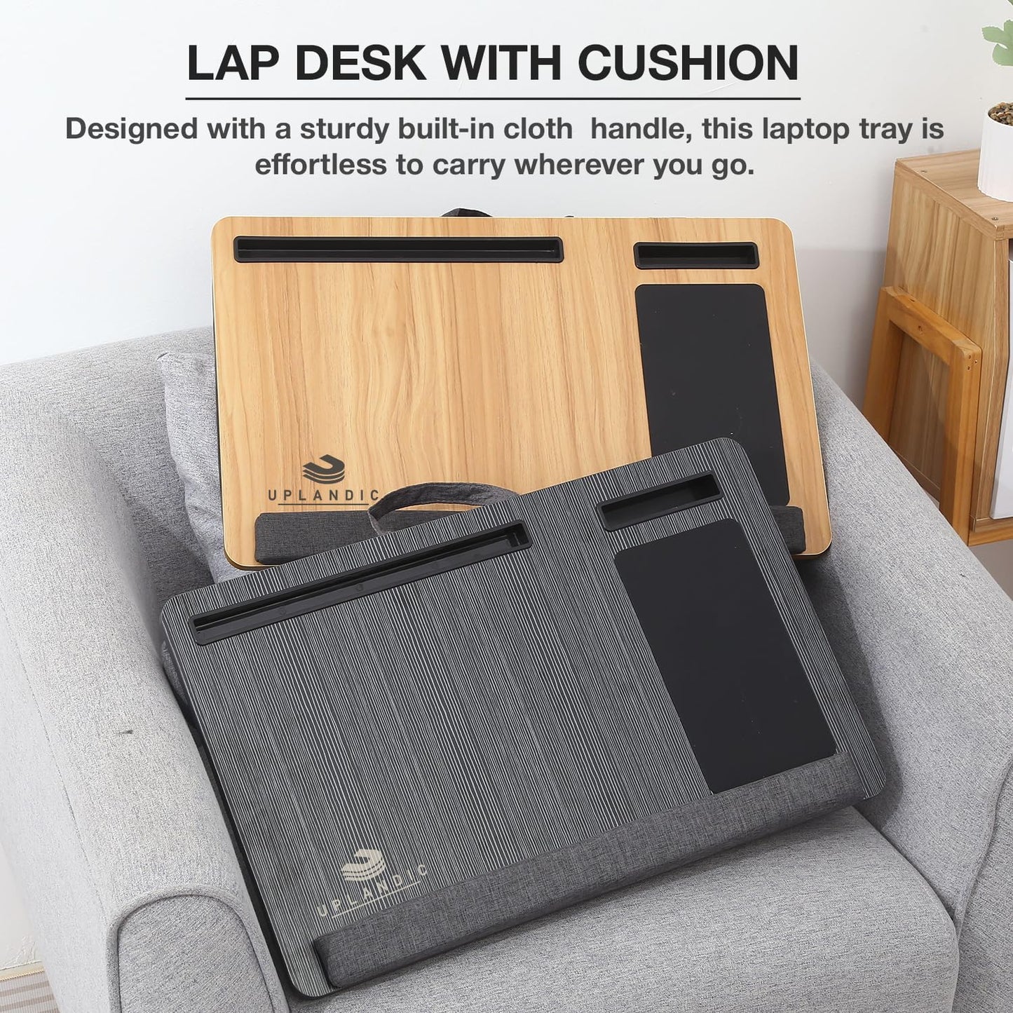 UPLANDIC Laptop Tray – Home Office Lap Desk with Built-in Mouse Pad, Wrist Rest & Phone Holder, Portable Laptop Stand with Cushion, Tablet Slot & Carry Handle, Ideal for Bed & Workspaces (Walnut)