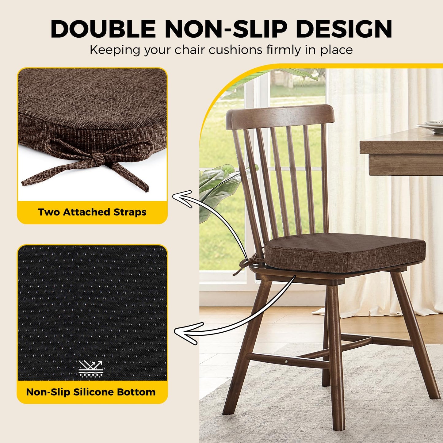 downluxe Indoor Chair Cushions for Dining Chairs, Soft and Comfortable Textured Foam Kitchen Chair Pads with Ties and Non-Slip Backing, 16" x 16" x 2", Brown, 6 Pack
