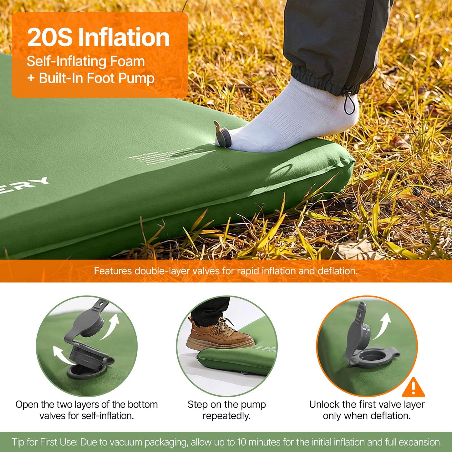OGERY Self-Inflating Sleeping Pad with Built-in Foot Pump, 3" Memory Camping Mattress Pad, Quiet & 9.5 R-Value Insulated Sleeping Mat Camping Essential Gear for Car Tent Camping