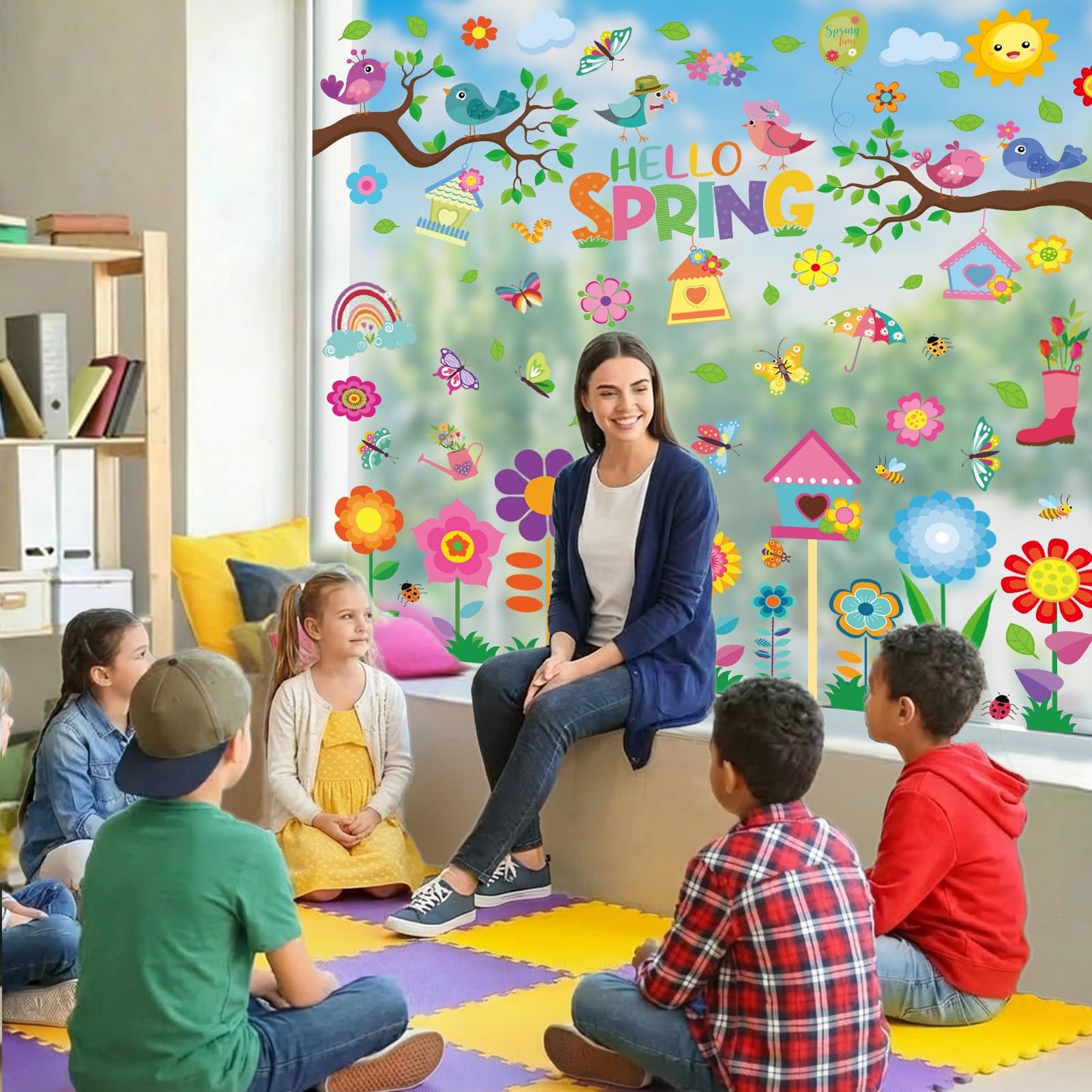 9 Sheets Spring Window Clings for Glass Windows, Spring Decor Window Stickers for Kids, Summer Easter Decals Decorations for Home, Office, Classroom Glass Doors