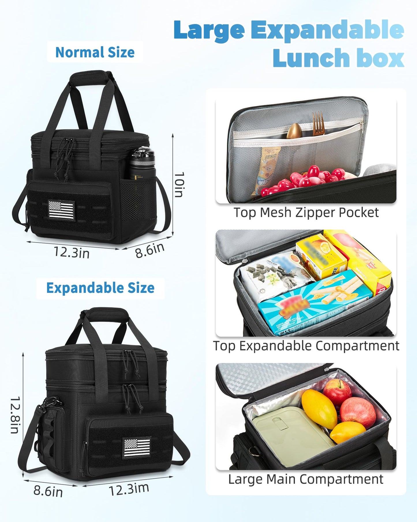 holuxer Tactical Lunch Bag & Lunch Box for Men - Large Double Deck Expandable Insulated Soft Adult Lunchbox for Work - Cooler Bag for Beach, Picnic, Camping,Outdoor，Travel (Black,16L)