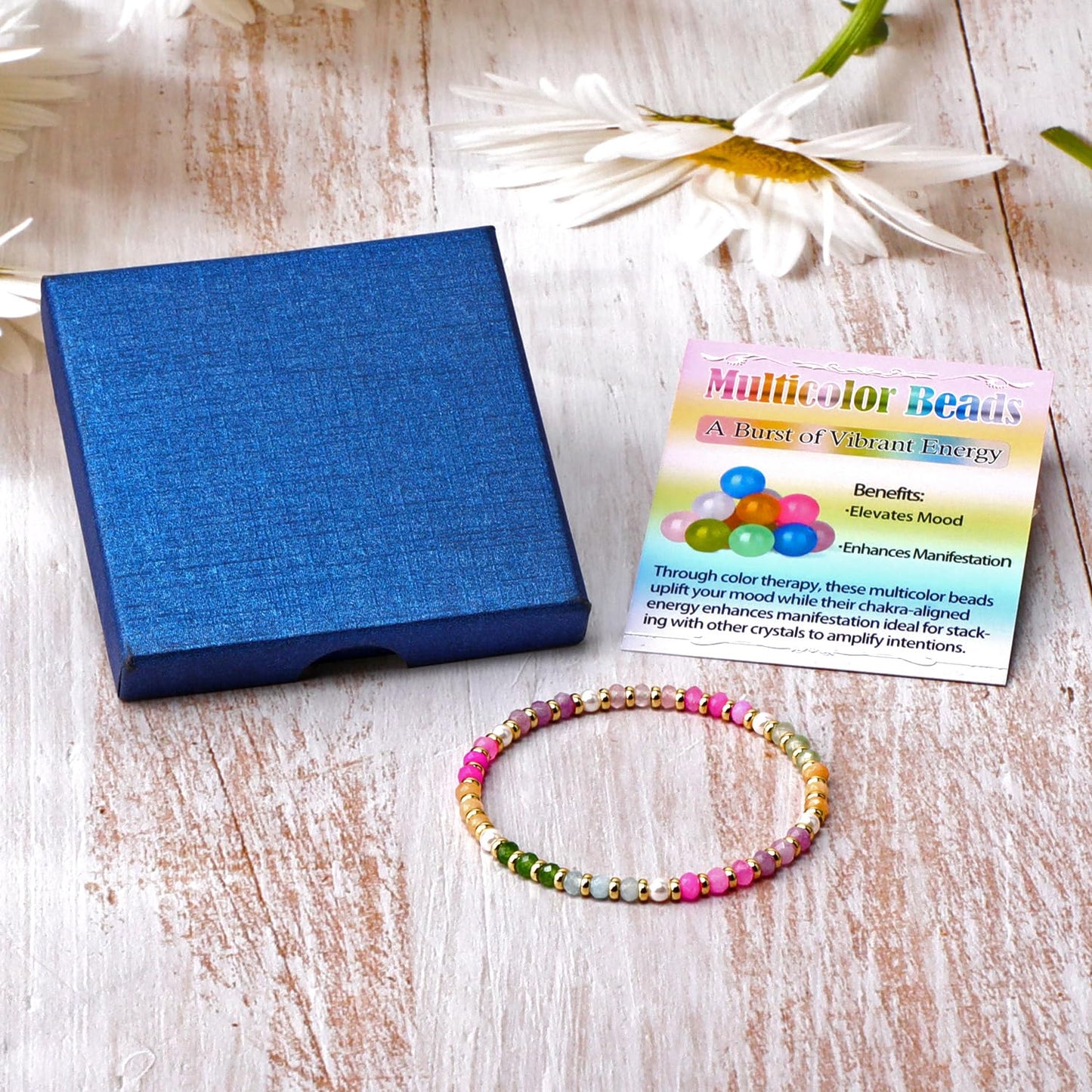 QOGIR Multicolor Beads - A Burst of Vibrant Energy - 14k Gold Plated Beads Natural Gemstone Stretch Elastic Dainty Healing Beaded Bracelets Gifts 2x4mm
