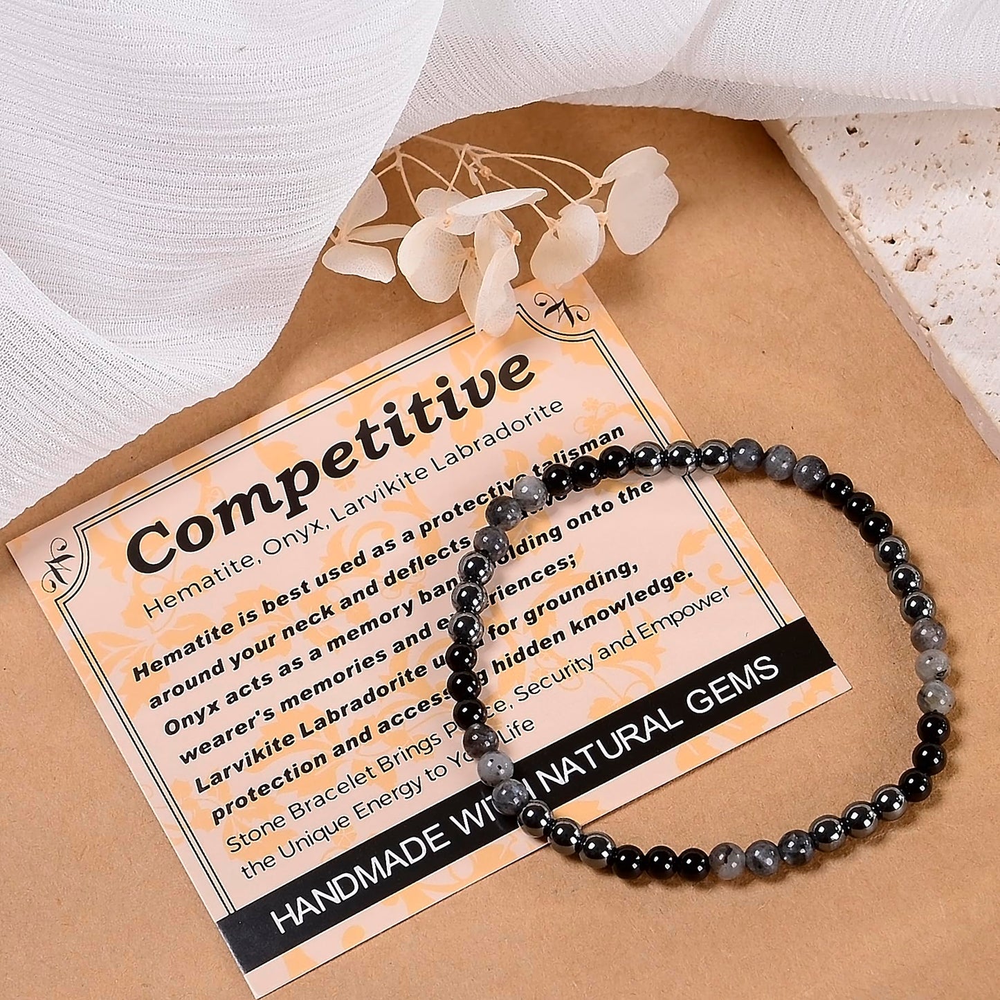 MASSIVE BEADS Hematite Onyx Larvikite Labradorite - Competitive Handmade Handmade Yoga Stretch Elastic Bracelet Natural Stone Crystal Healing Power Energy Gifts for Unisex Adult 4mm