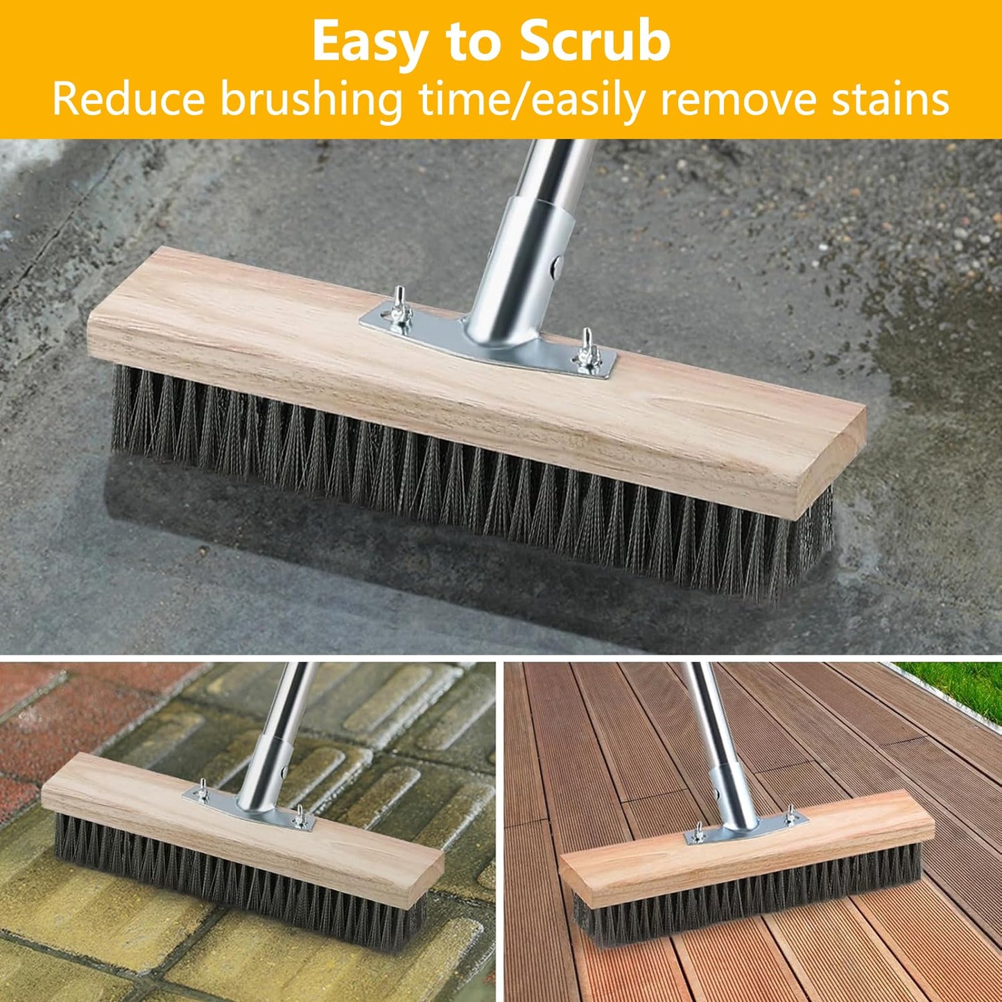 Stainless Steel Deck Brushes for Scrubbing Heavy Duty, 65" Deck Scrub Brush with Long Handle - Concrete Scrub Brush Stiff Metal Bristle Concrete Brush for Cleaning Moss Patio Garage Garden Pool Floor