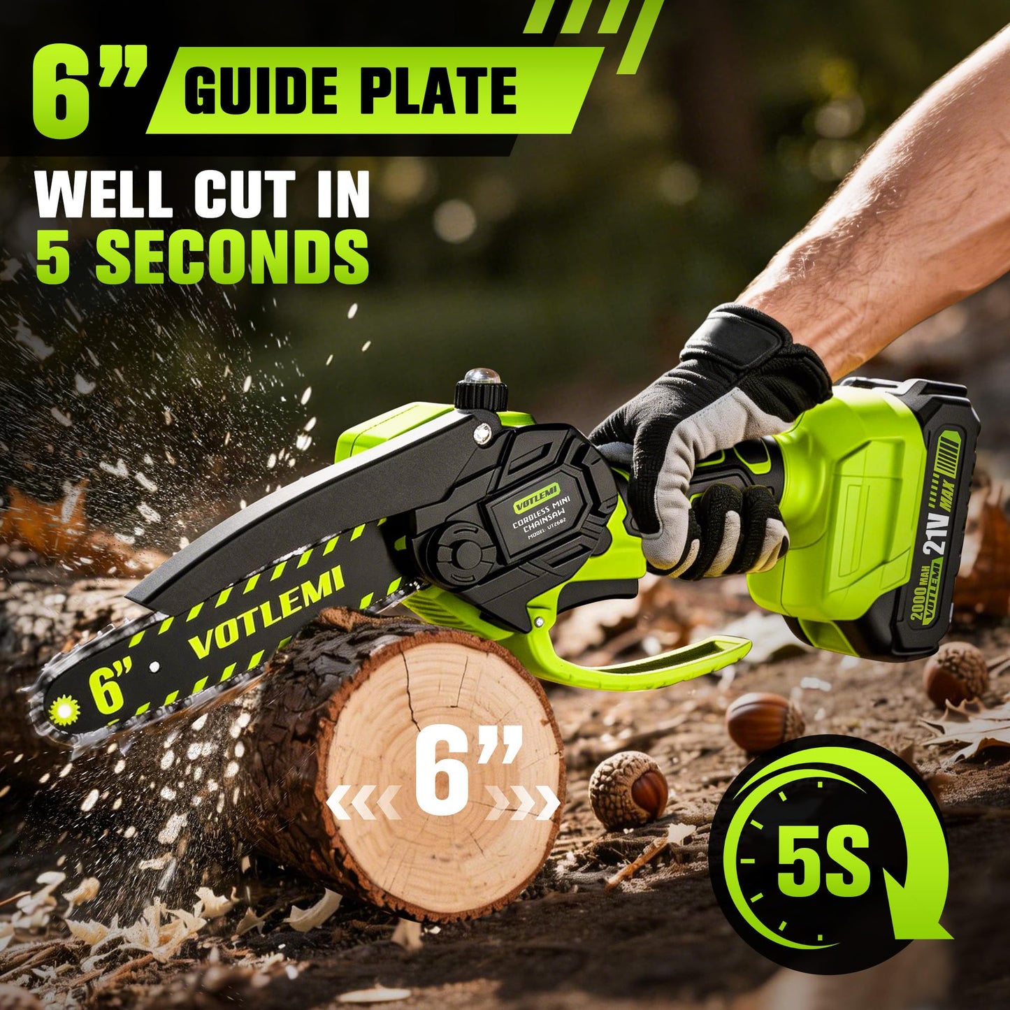VOTLEMI Mini Chainsaw Cordless, 6 Inch Electric Chainsaw with 2000MAH Battery, 1000W Handheld Battery Powered Chain Saw with Auto Oiler, Gifts for Wood Cutting/Tree Trimming