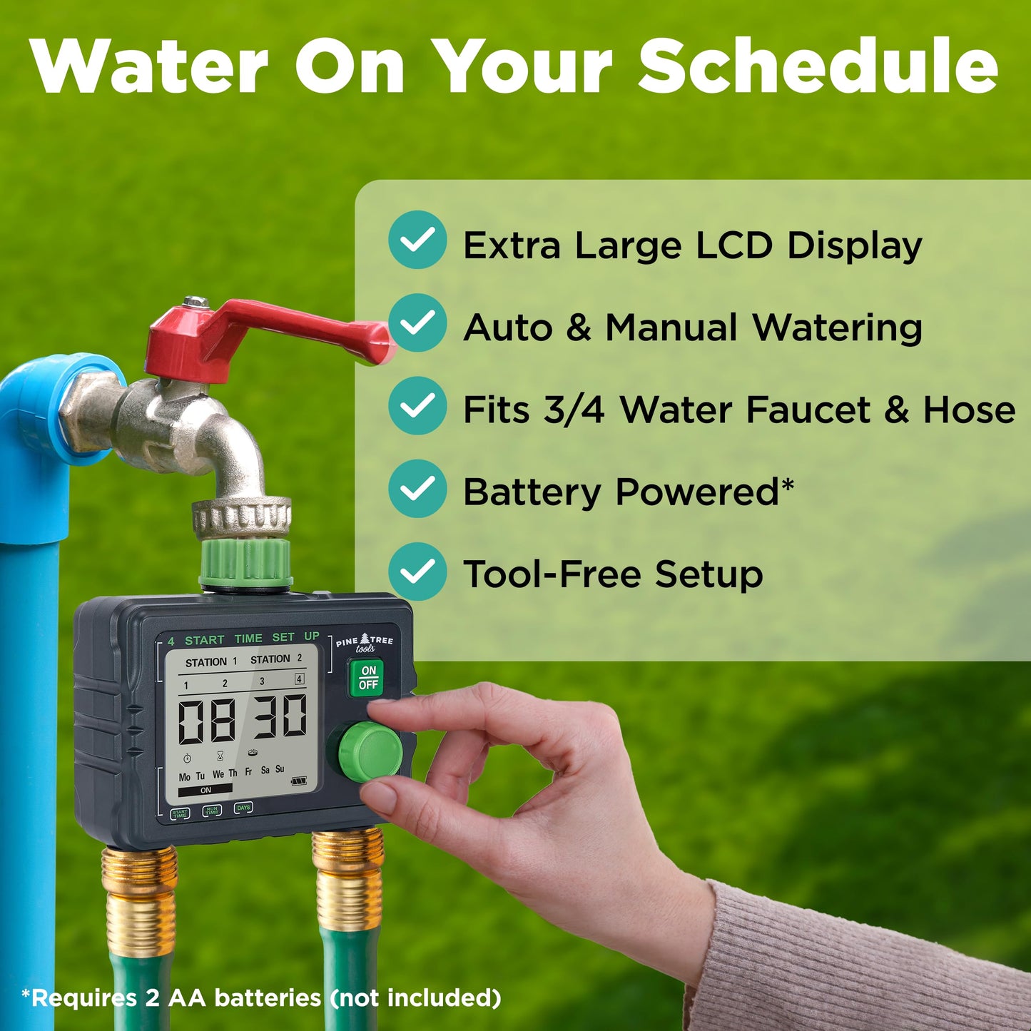 Pine Tree Tools Hose Timer - Programmable Water Timer for Garden, Automatic & Manual Watering System, Outdoor Faucet for Lawn, Garden & Yard, Battery Operated, 2 Outlet Hose Watering