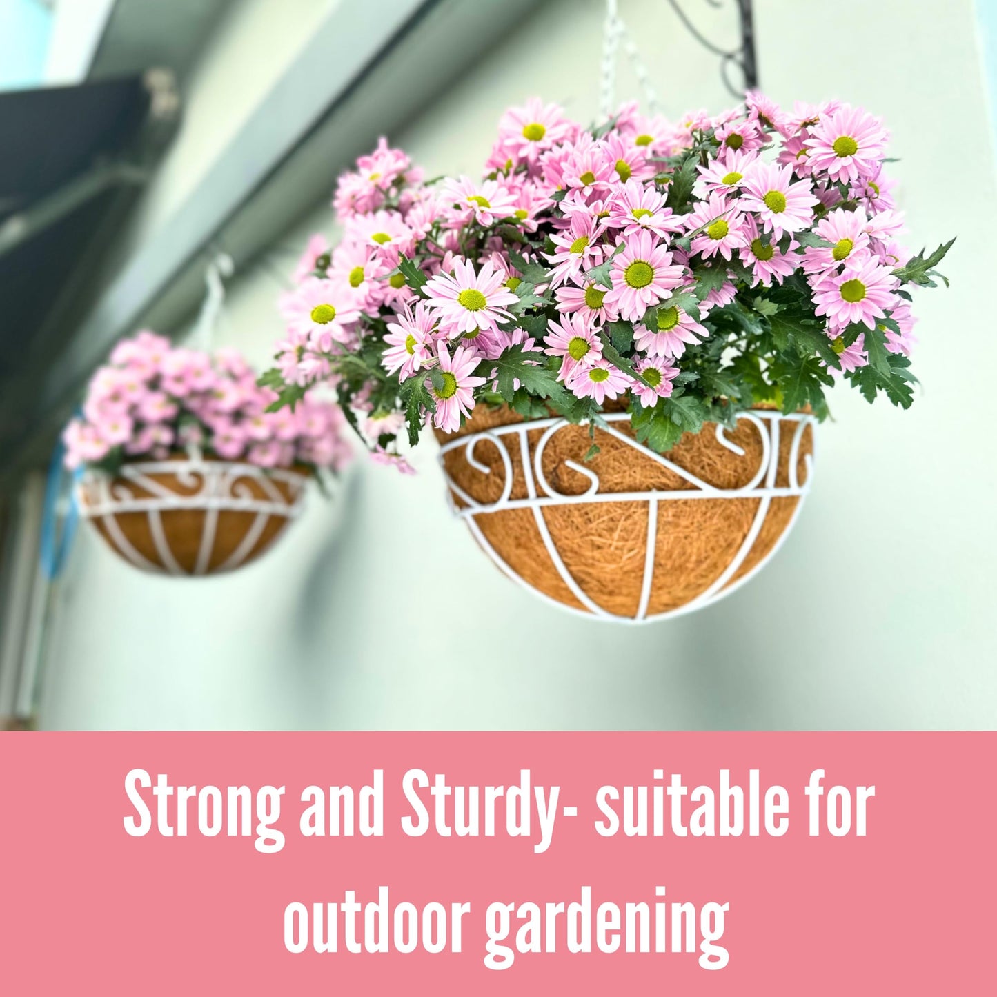 LaLaGreen Hanging Planter for Outdoor Plants (2 Pack, 12 Inch) White Hanging Baskets with Coco Liner, Metal Wire Flower Basket Pots with Hook Hanger Balcony Porch Farmhouse Country Style Garden Decor