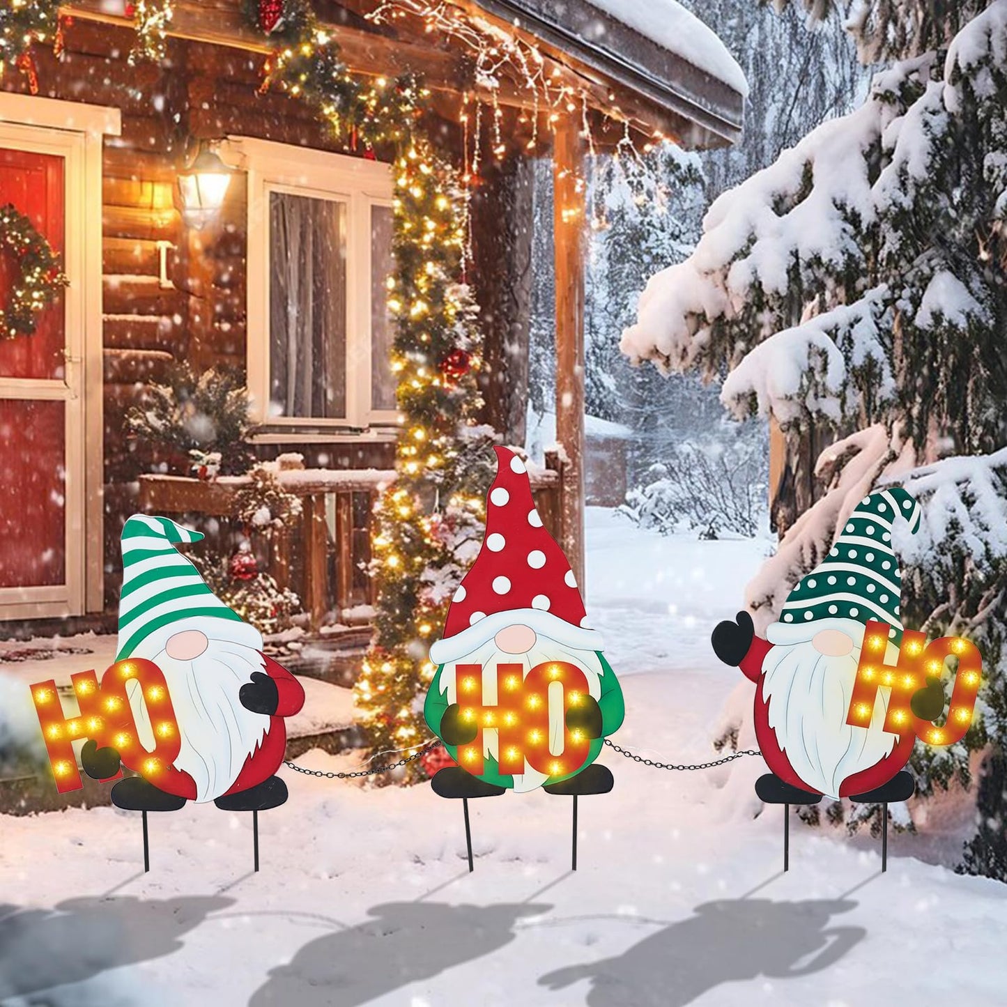 WONDER GARDEN 3 PCS Christmas Yard Signs Christmas Decorations Outdoor, Metal Xmas Yard Stakes Gnomes Lawn Decor, Xmas Garden Stakes with Led Lights for Patio Pathway Outside Decorations