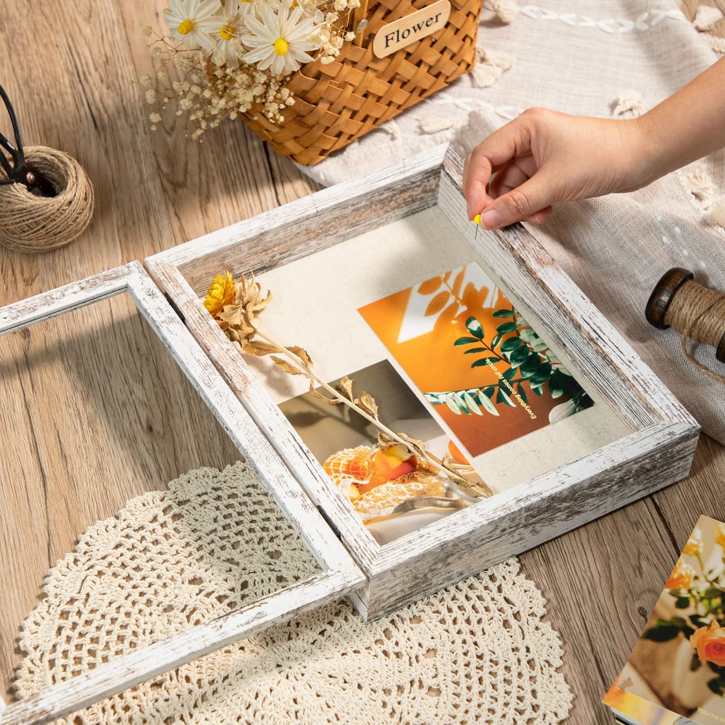 Califortree 8x10 Shadow Box Frame with Linen Back - Real Glass, Push Pins Included, Sturdy Rustic Memory Display Case, Fits 6.8x8.8 Inserts, Distressed White