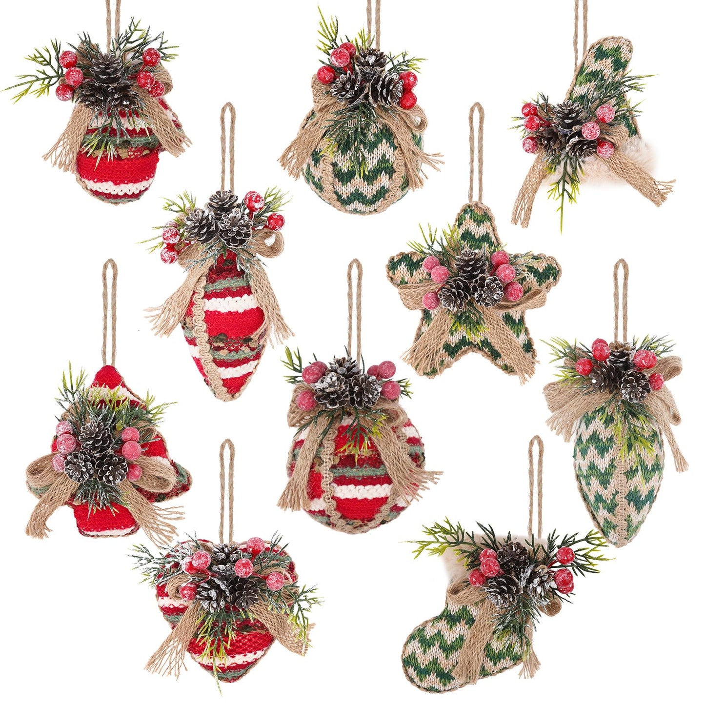 10PCS Rustic Christmas Ornaments, Burlap Balls with Pine Cones and Red Berries, Farmhouse Christmas Tree Ornaments for Holiday Decor Christmas Tree Decorations (Rustic Style)