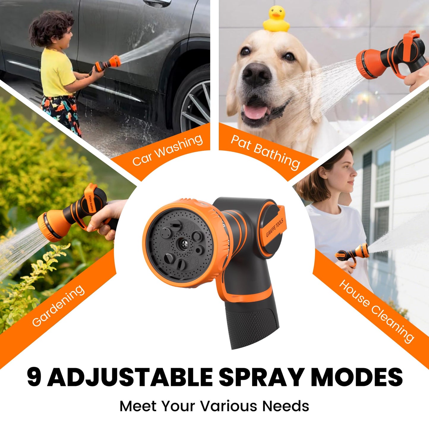 Giraffe Tools Retractable Garden Hose Reel, 5/8" x 62 ft Wall Mounted Hose Reels with 180° Swivel Bracket, Any Length Lock Hose Reel with 9- Function Sprayer Nozzle