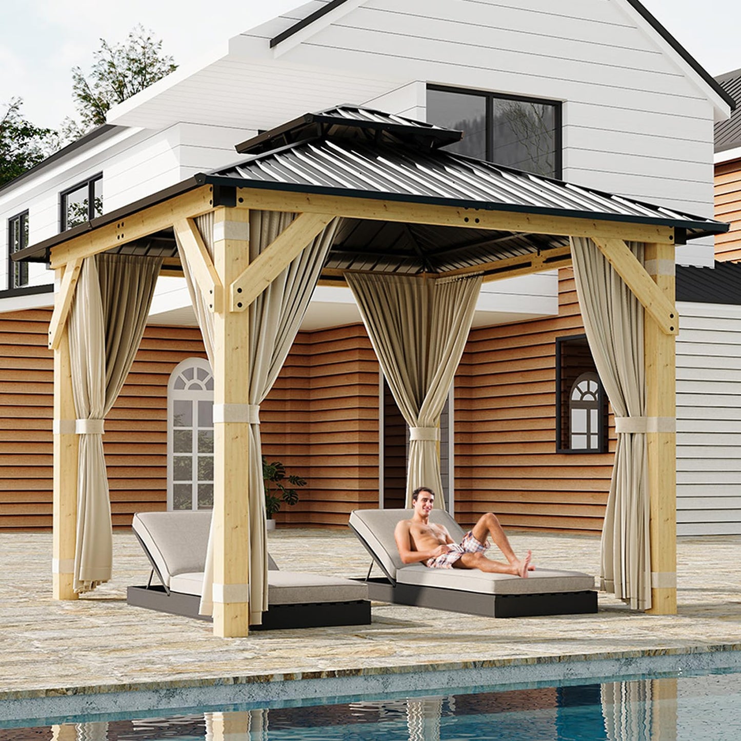 Garvee 10x10 Ft Wood Gazebo, Upgrade Spruce Frame and Double Galvanized Steel Roof, Hardtop Gazebo with Nettings and Curtains for Backyard, Patio, Garden and Lawn, Khaki