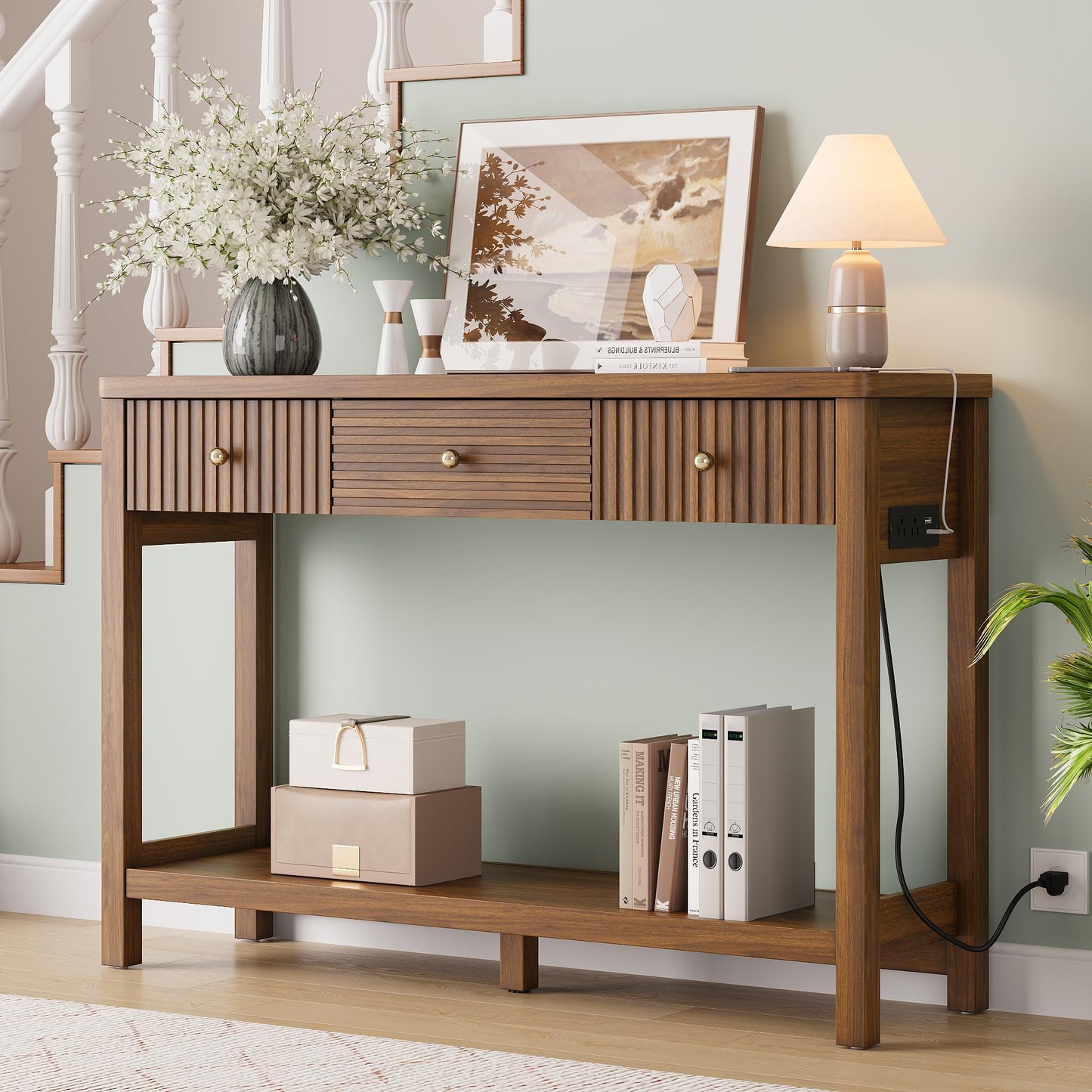 47 Inch Fluted Console Table with Outlets and USB-C Port, Mid Century Modern Sofa Table with 3 Drawers and Open Shelf, Entryway Table with Charging Station for Behind Couch, Hallway, Foyer, Walnut