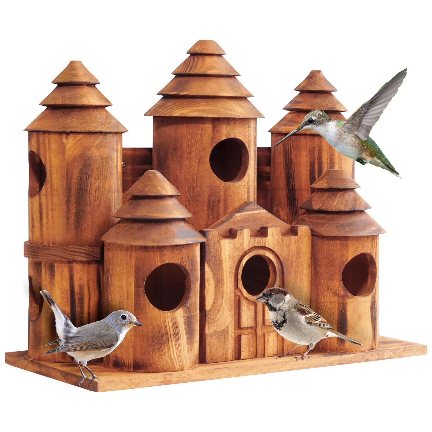 MIXUMON Wooden Bird Houses for Outside – 8 Rooms Castle-Style Bird House, Carbonized Pine Rustic Finish, 1.57" Entrance Holes, Decorative Outdoor Bird Nesting Box (Rustic, 8 Rooms)