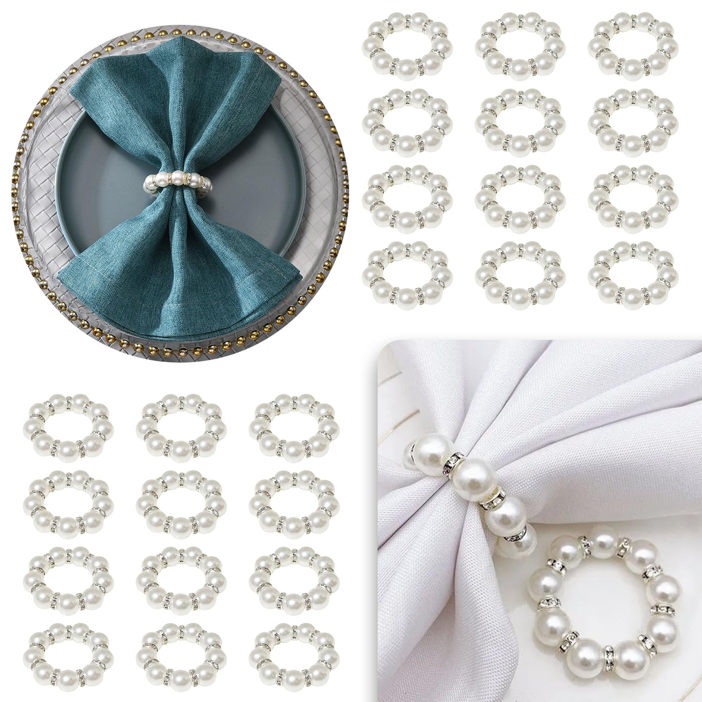 100 Pcs Silver Disposable Napkin Rings Imitation Pearl Ring Napkin Holder Delicate White Beaded Serviette Buckles for Wedding. Party, Family Parties, Engagements, Dinner Table Decor and Daily Use