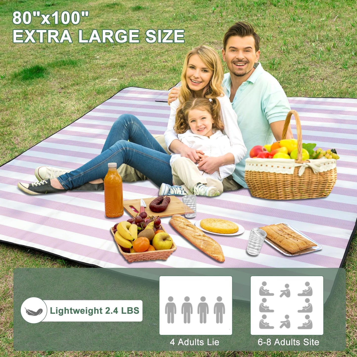 ZUBOND Picnic Blanket 80''x80'', Waterproof Sandproof Beach Outdoor Camping Mat Extra Large Foldable Gingham Big Travel Essential Accessories Gift Park Patio Lawn Garden Grass Ground Music Festival