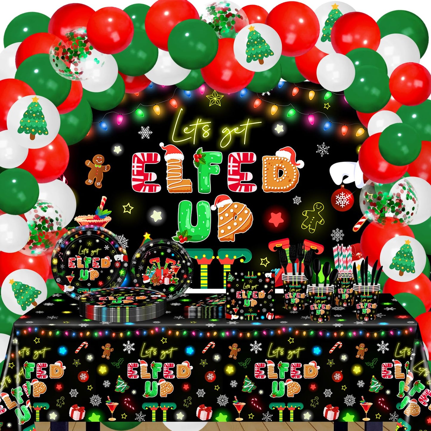 Lecheme Christmas Party Decorations 300 PCS Let's Get Elfed Up Backdrop Tableware Plates Napkins Serve 24 Friendsmas Balloon Arch Elf Christmas Party Supplies