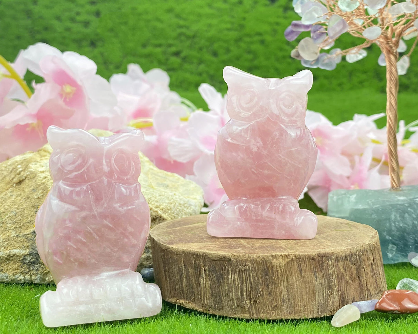 YATOJUZI 2” Owl Decors Natural Rose Quartz Crystals Stones Pink Cute Decor Polished Hand-Carved Sculpture Statue Figurines Gemstone Home Office Desk Decoration Reiki Energy Gifts