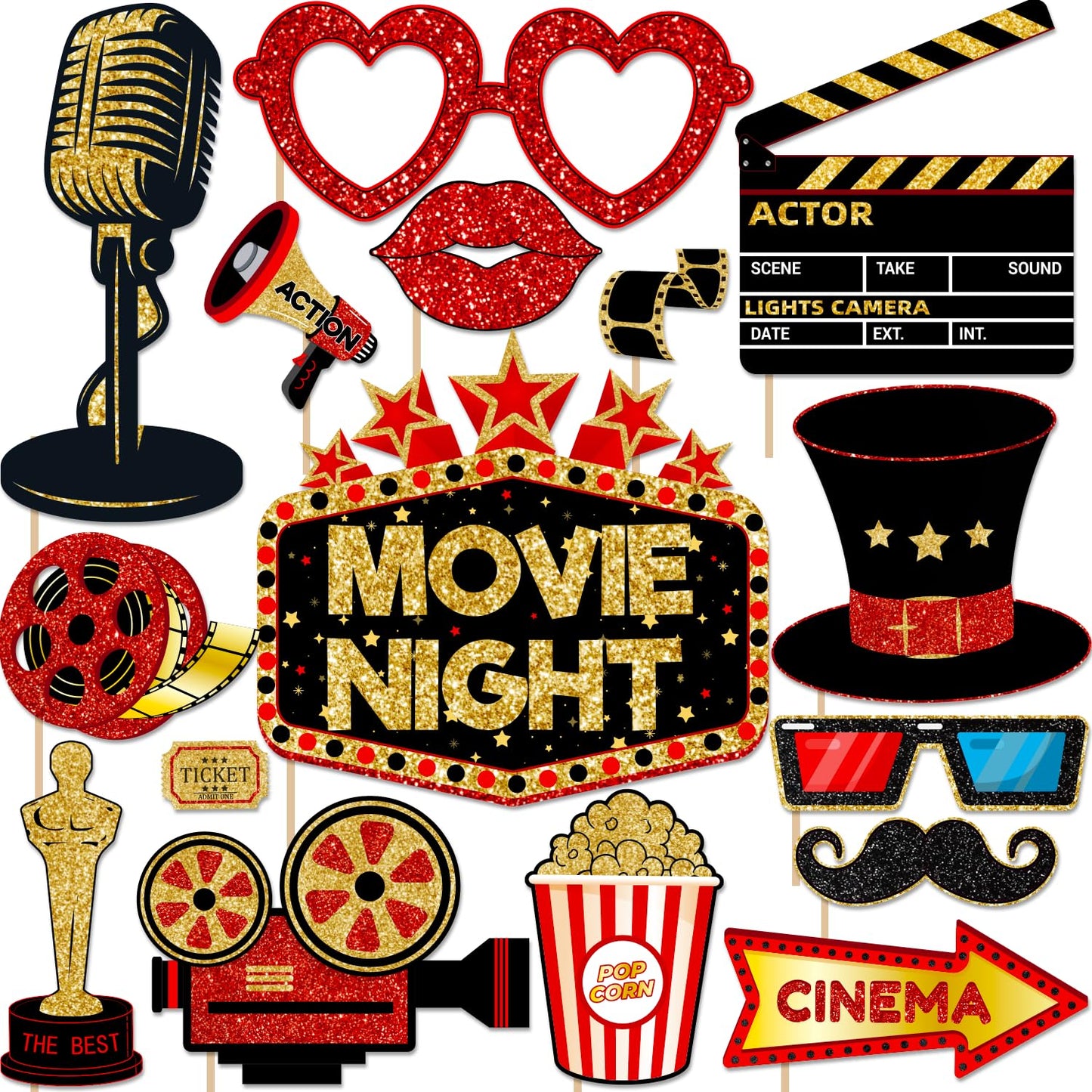 Movie Night Supplies Photo Booth Props Hollywood Photobooth Props for Movie Theater Themed Red Carpet Birthday Party Favors Supplies